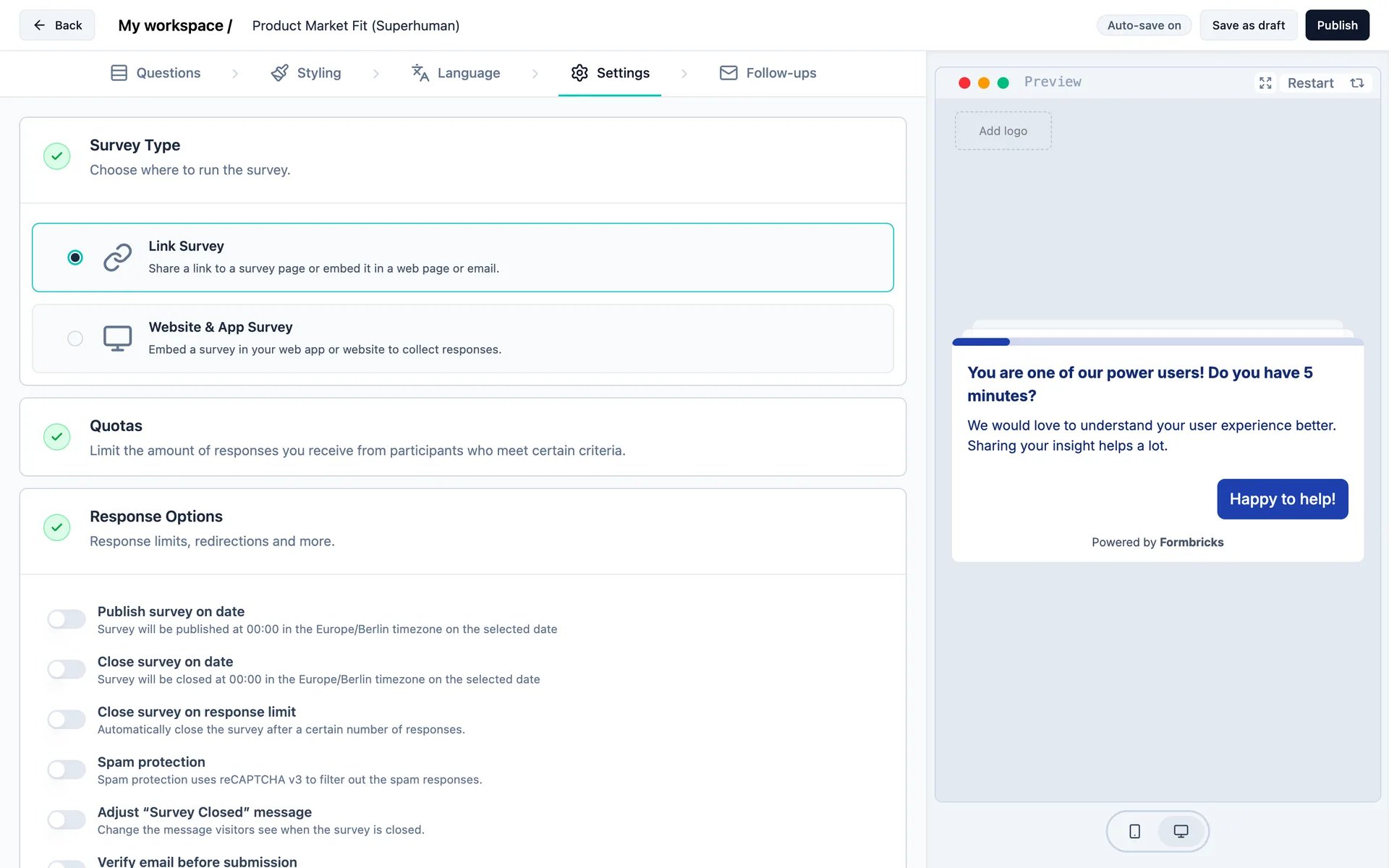 Selecting Link Survey as the survey type