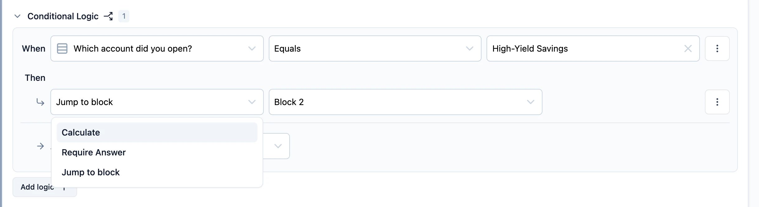 The three actions: Calculate, Require Answer and Jump to block