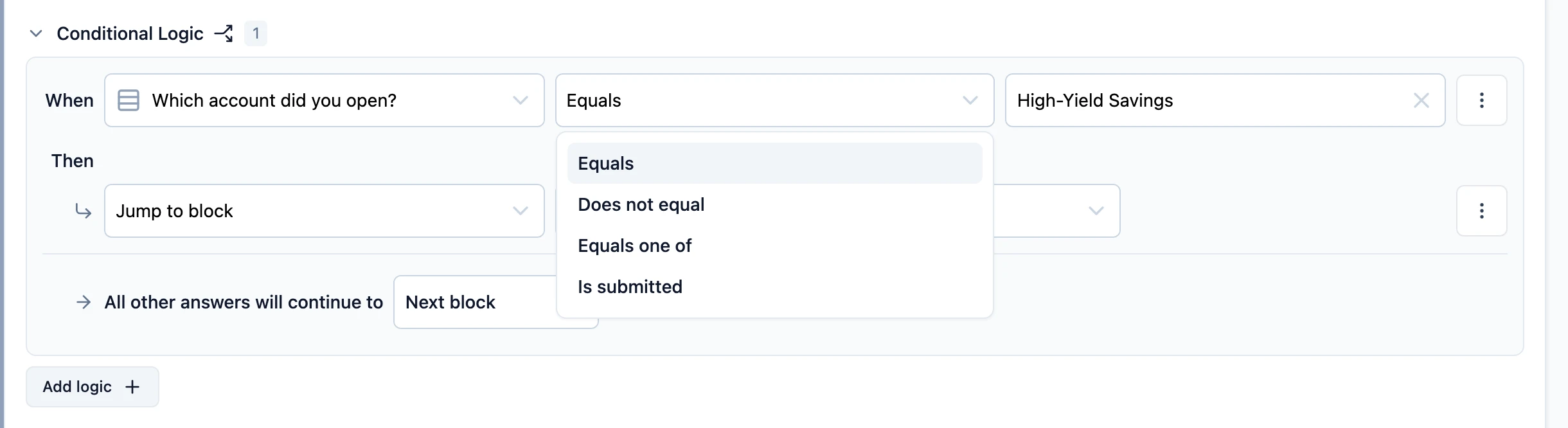 The operator list for a single-select question