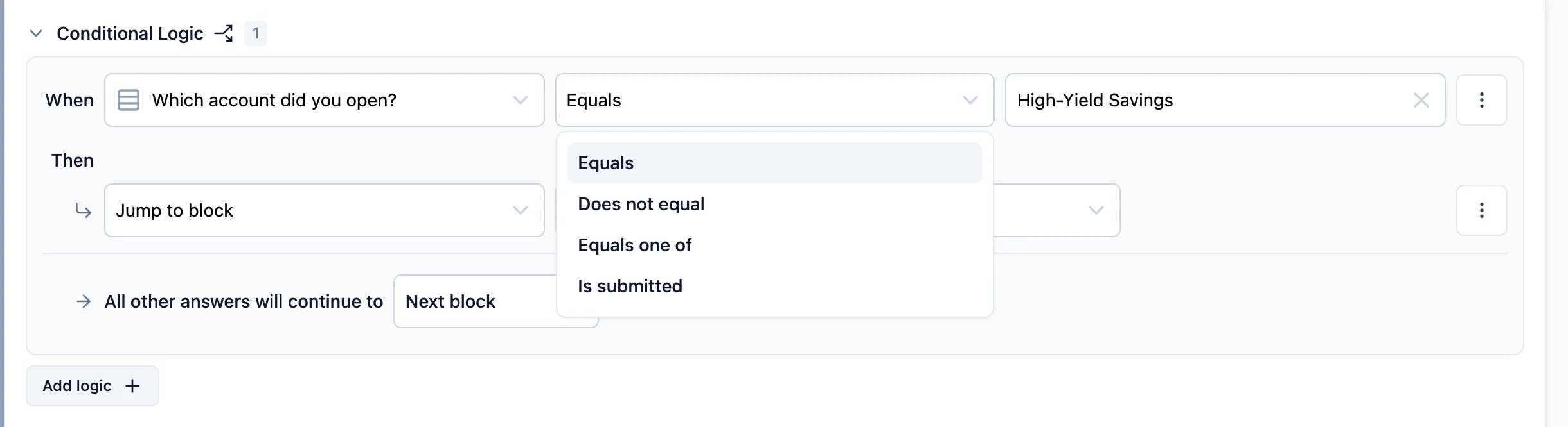The operator list for a single-select question