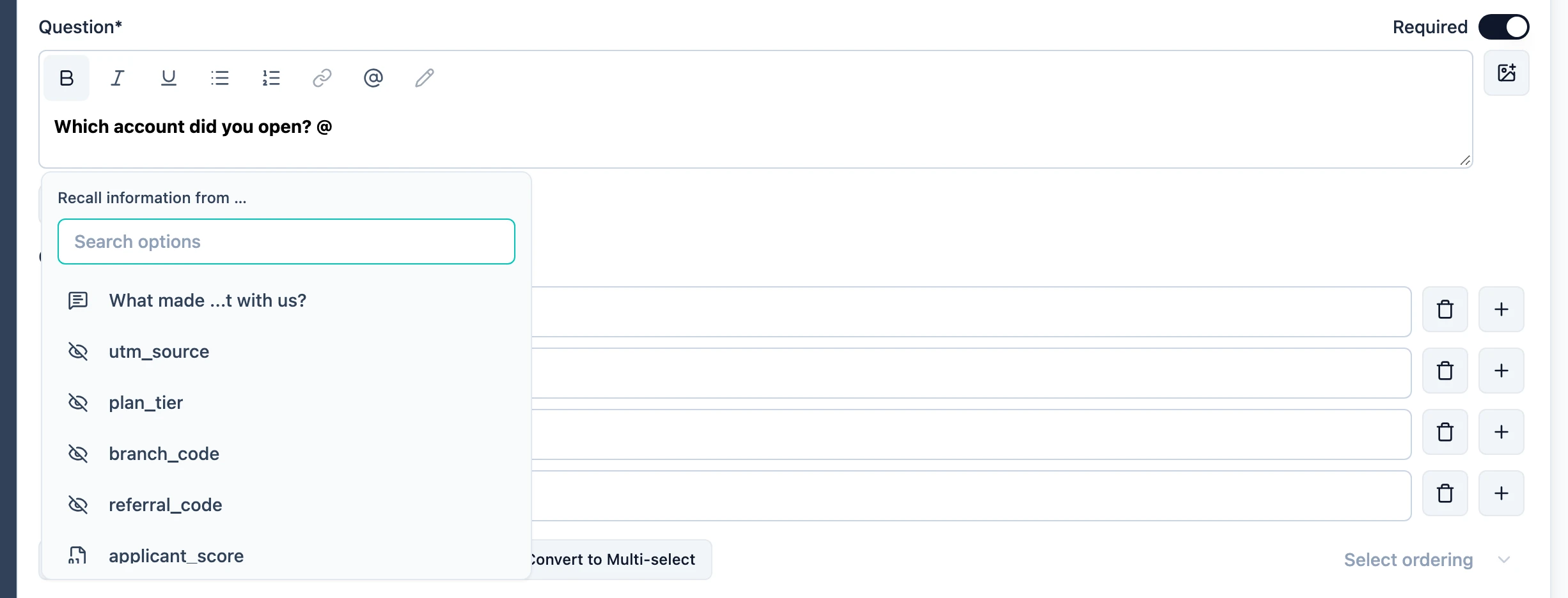 The recall menu, listing earlier questions, hidden fields and variables