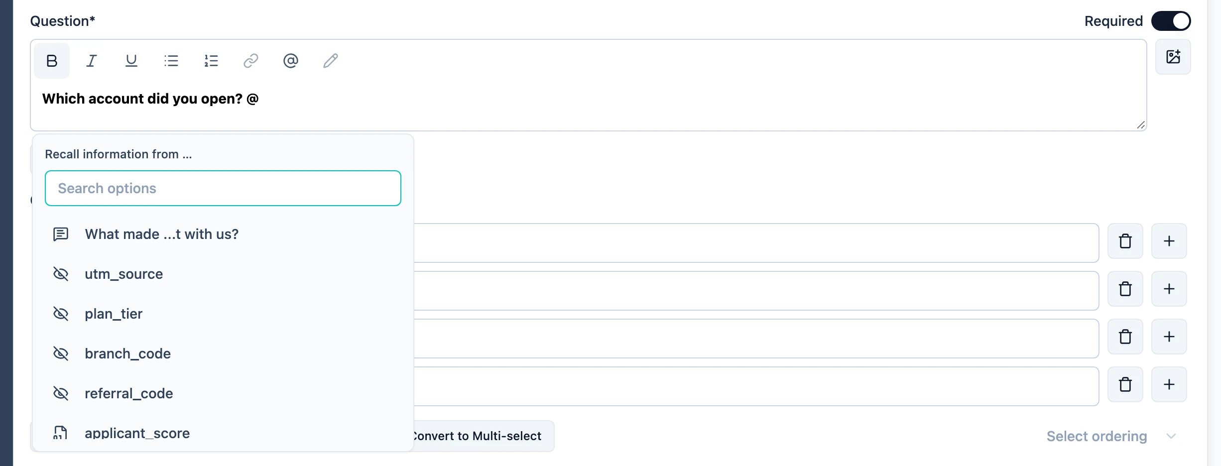 The recall menu, listing earlier questions, hidden fields and variables