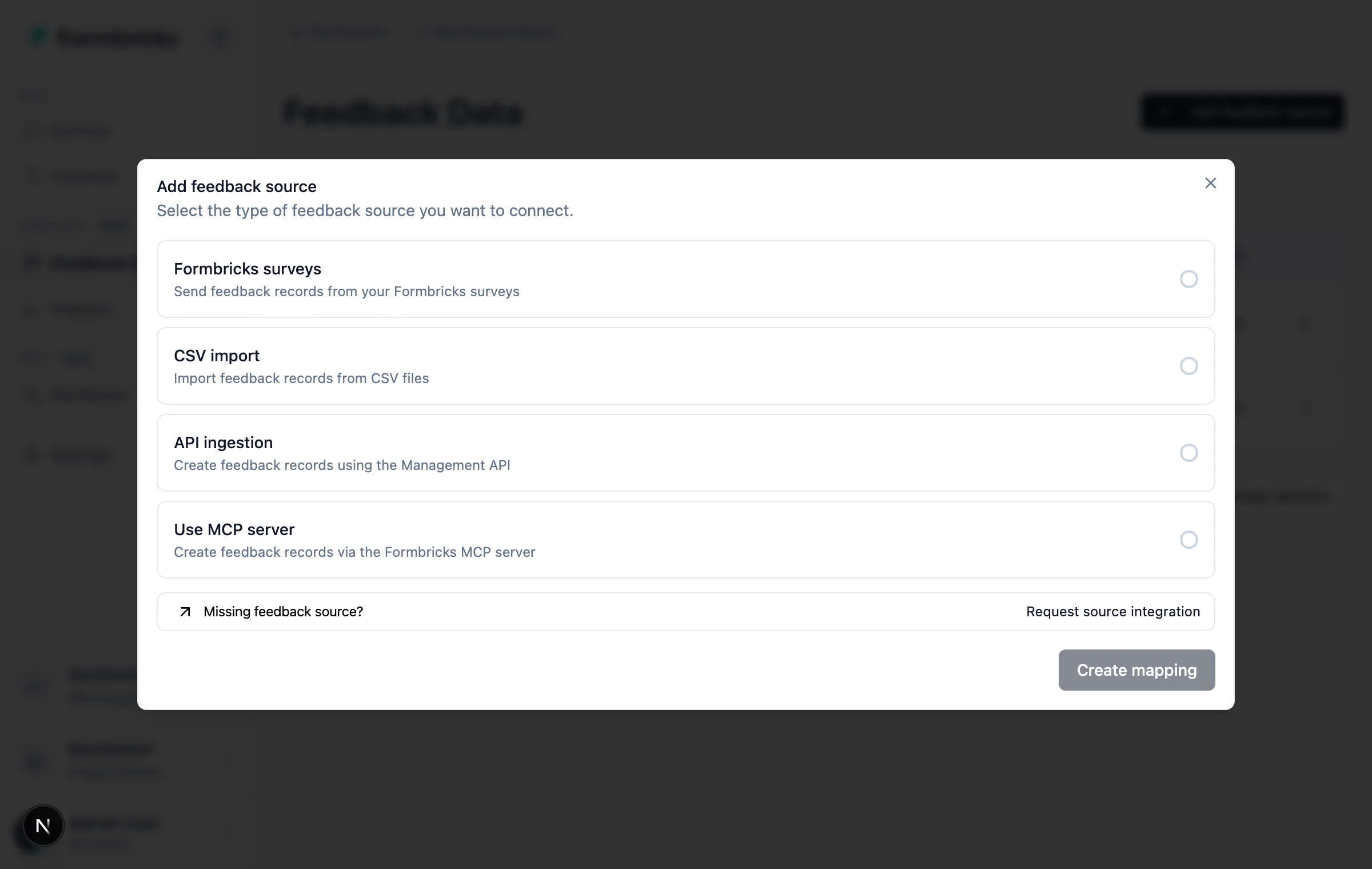 Add feedback source dialog offering Formbricks surveys, CSV import, API ingestion and MCP server
