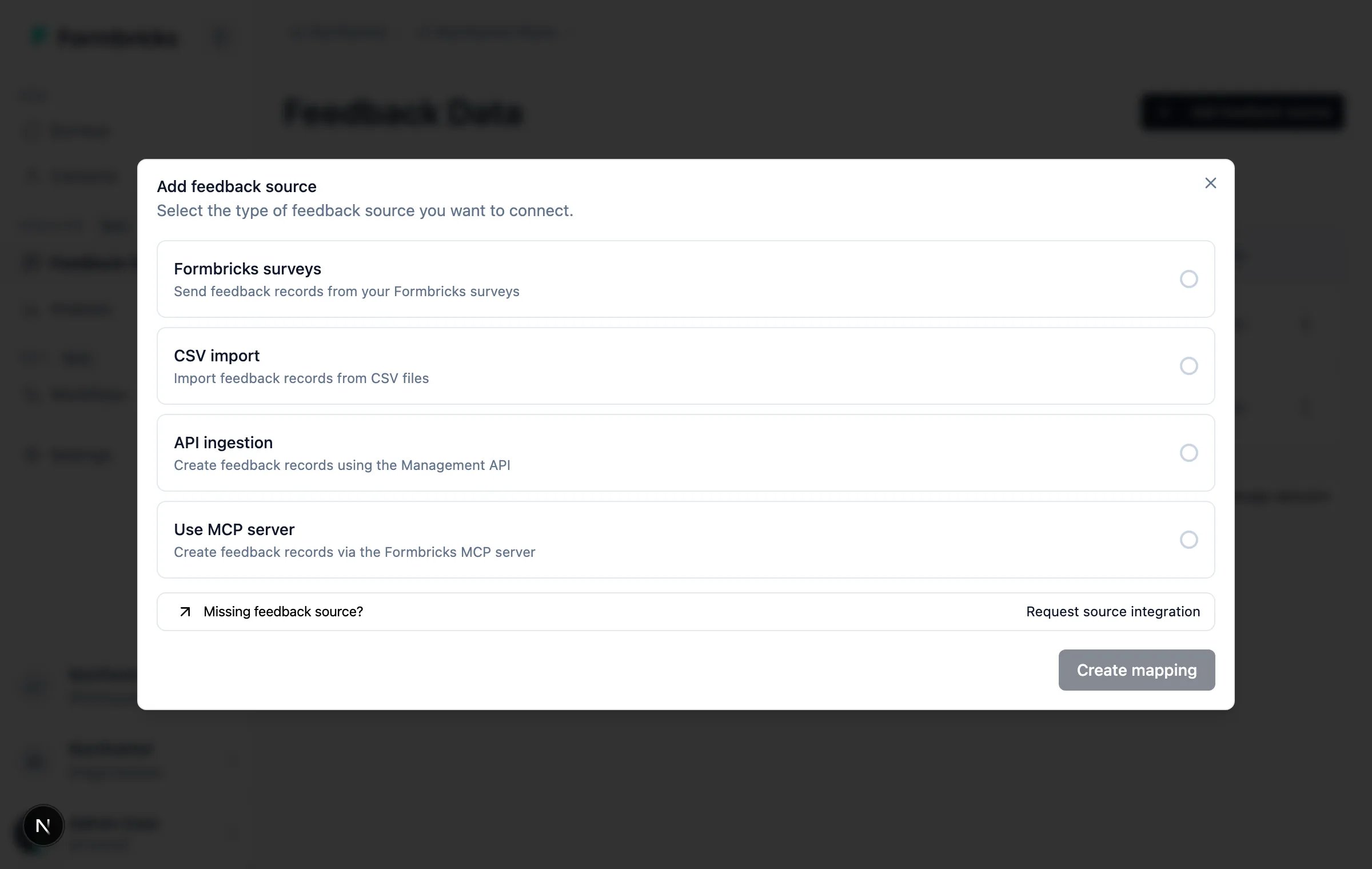 Add feedback source dialog offering Formbricks surveys, CSV import, API ingestion and MCP server