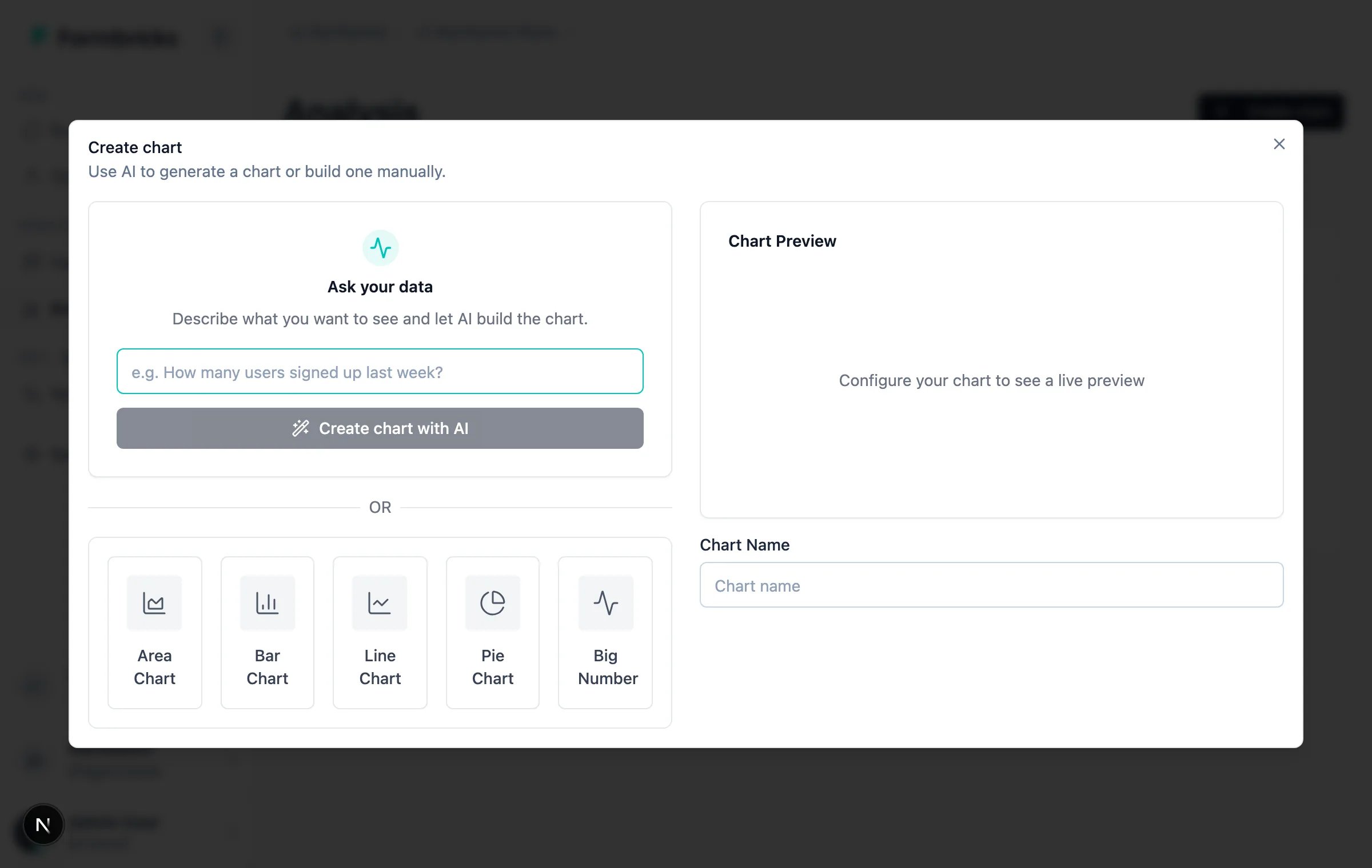Create chart dialog with the AI prompt box and the five chart types