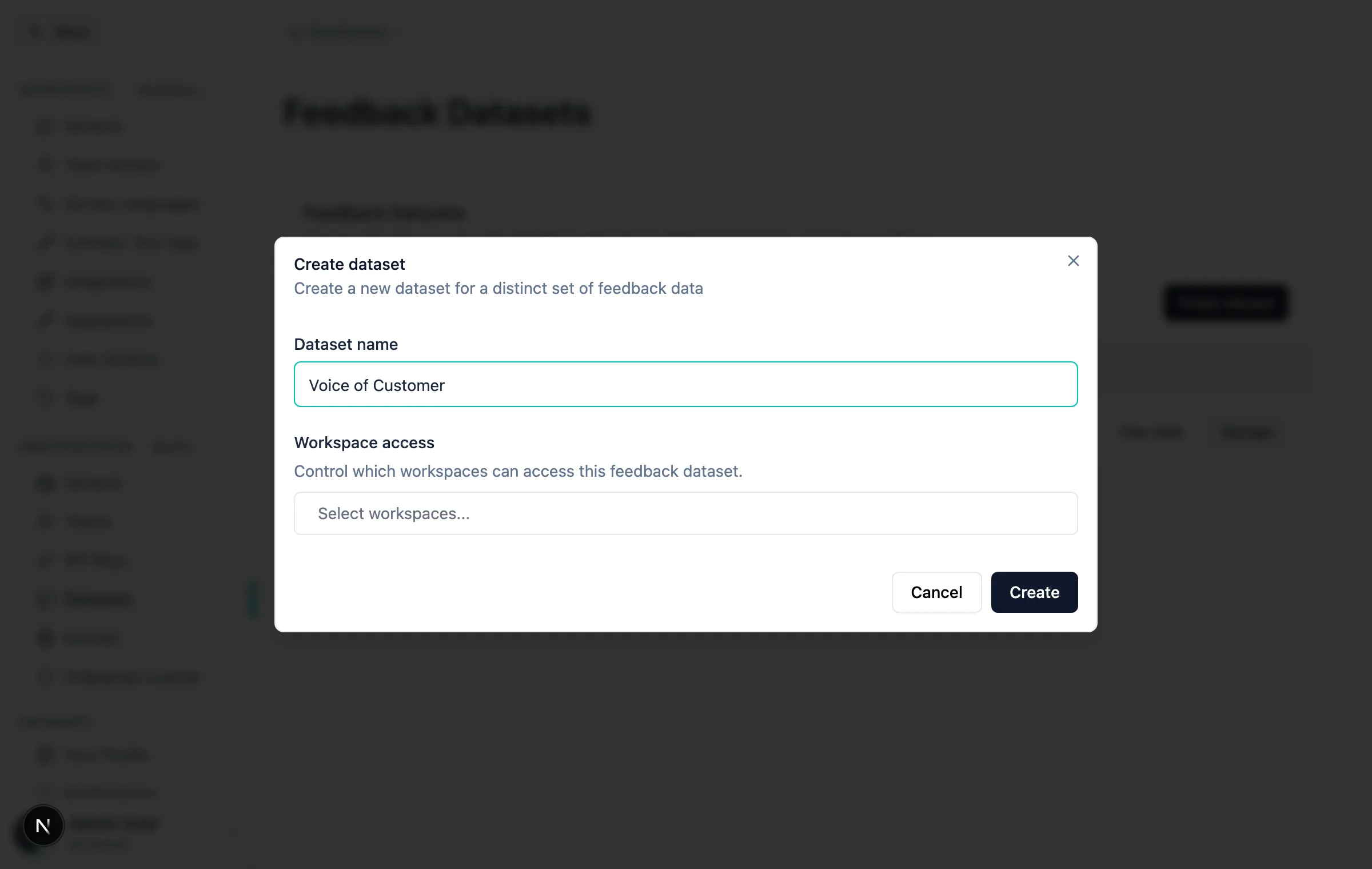 Create dataset dialog with a dataset name and the workspace access picker