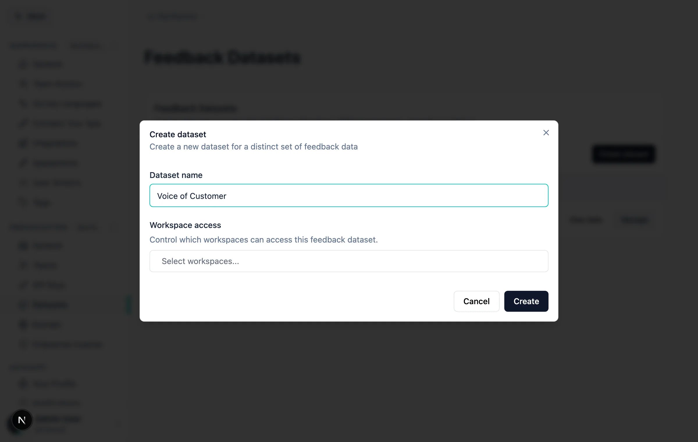 Create dataset dialog with a dataset name and the workspace access picker