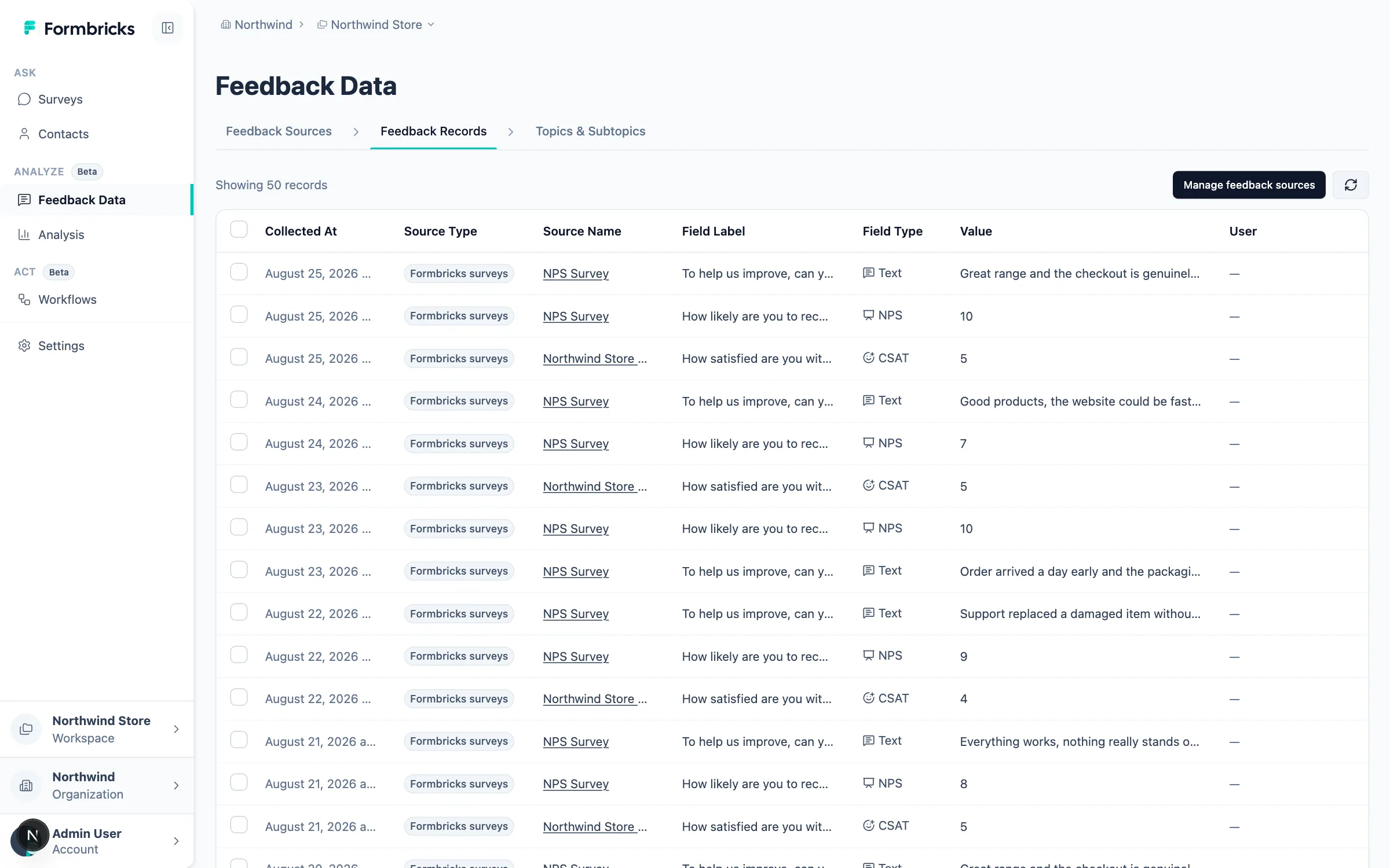 Feedback Records table showing NPS, Text and CSAT records from two different surveys side by side