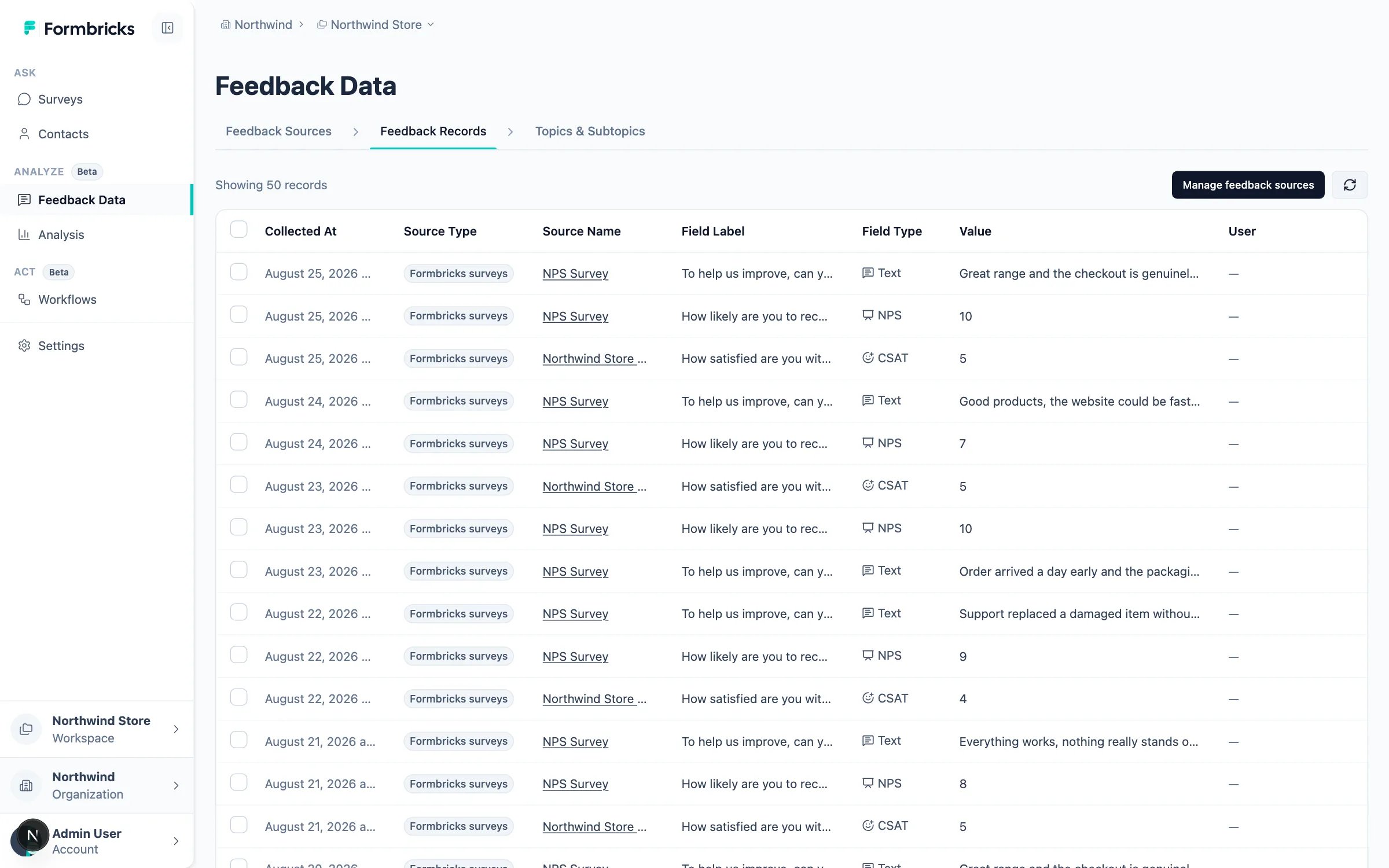 Feedback Records table showing NPS, Text and CSAT records from two different surveys side by side