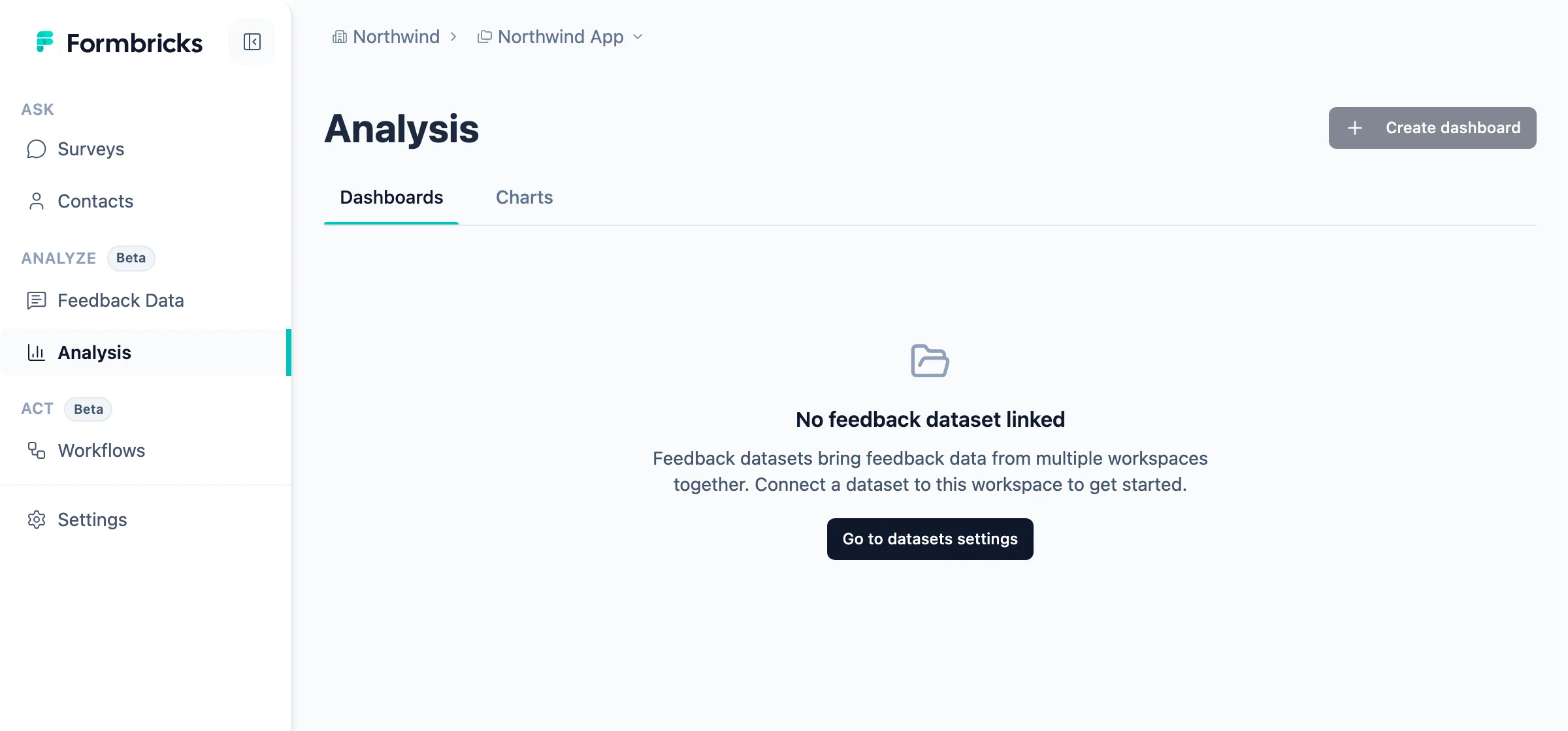 Analysis page showing the empty state: No feedback dataset linked