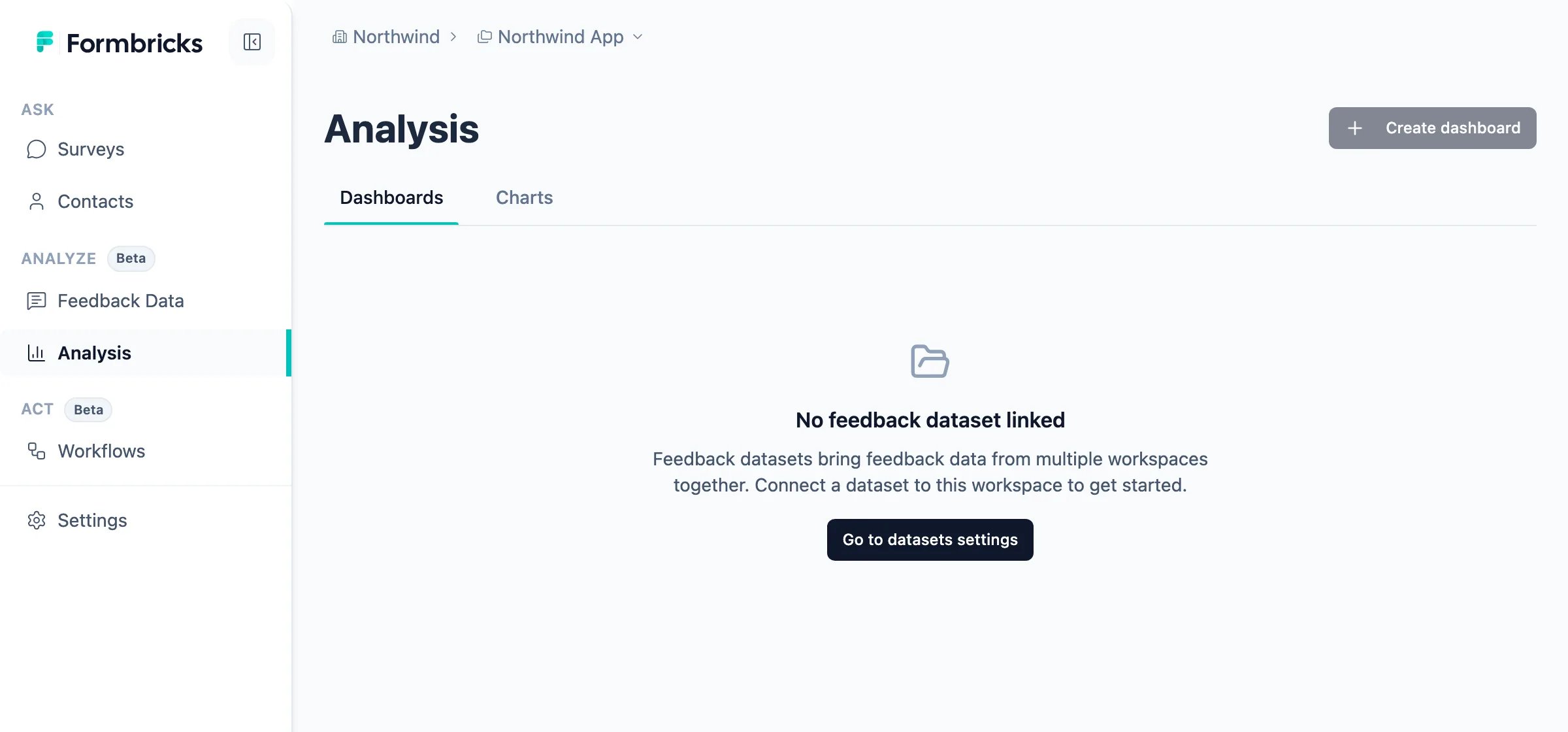 Analysis page showing the empty state: No feedback dataset linked