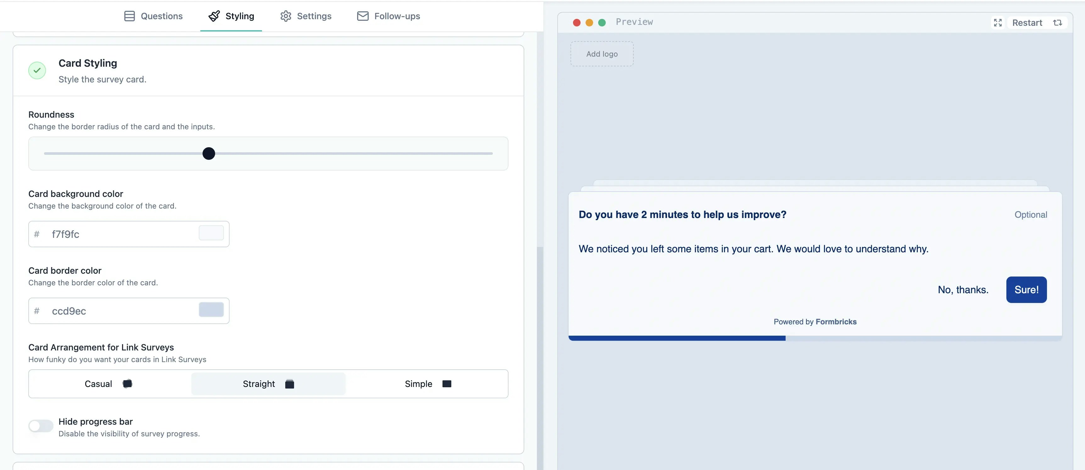 Card styling options UI