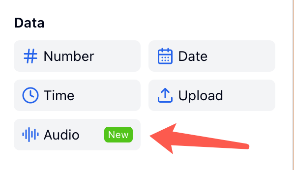 FormHug builder field menu showing the Audio field in the Data section