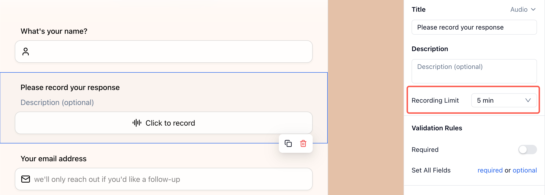 FormHug builder showing the Audio field settings panel with the recording limit option