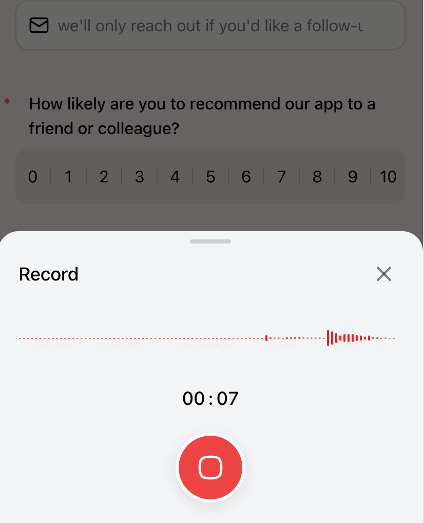 Mobile audio recorder showing an active recording with timer and waveform