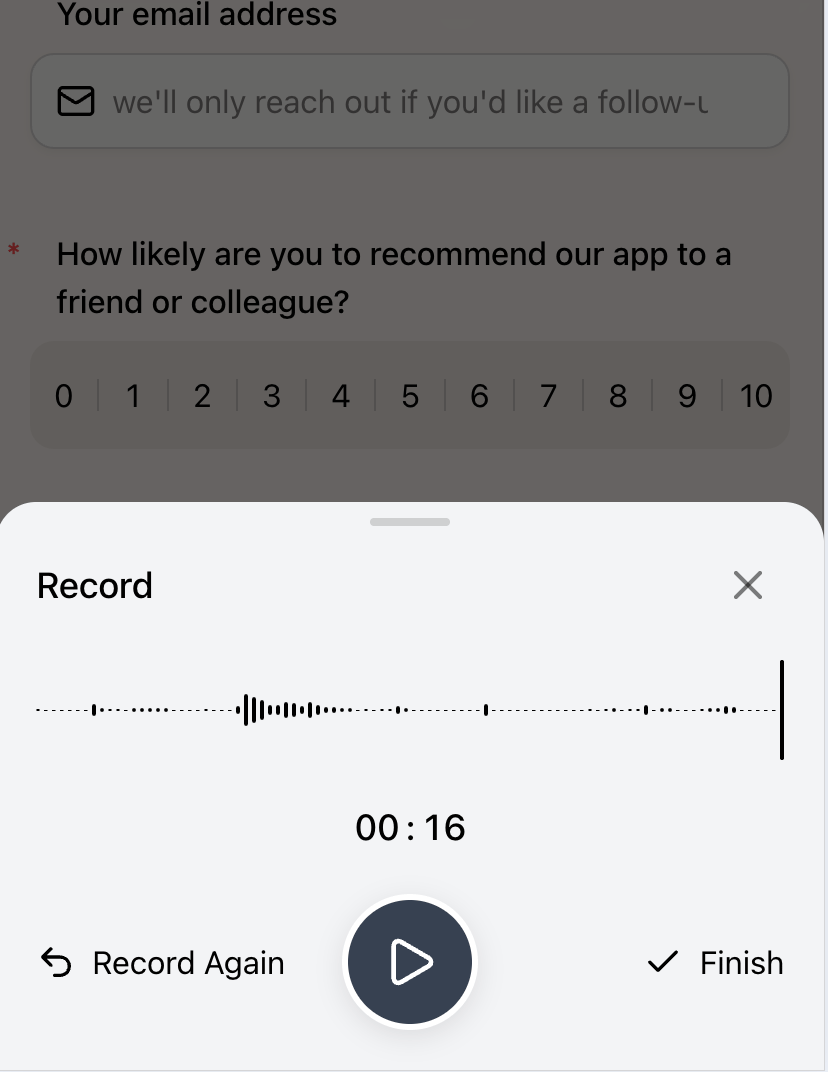 Mobile audio recorder review screen with play, record again, and finish controls