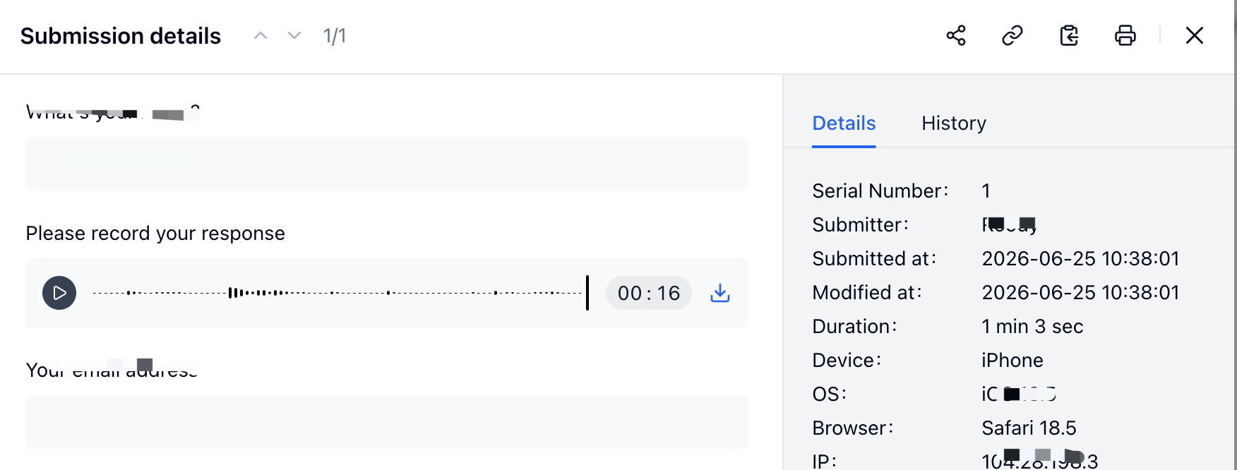 FormHug submission details page showing a submitted audio recording with play and download controls