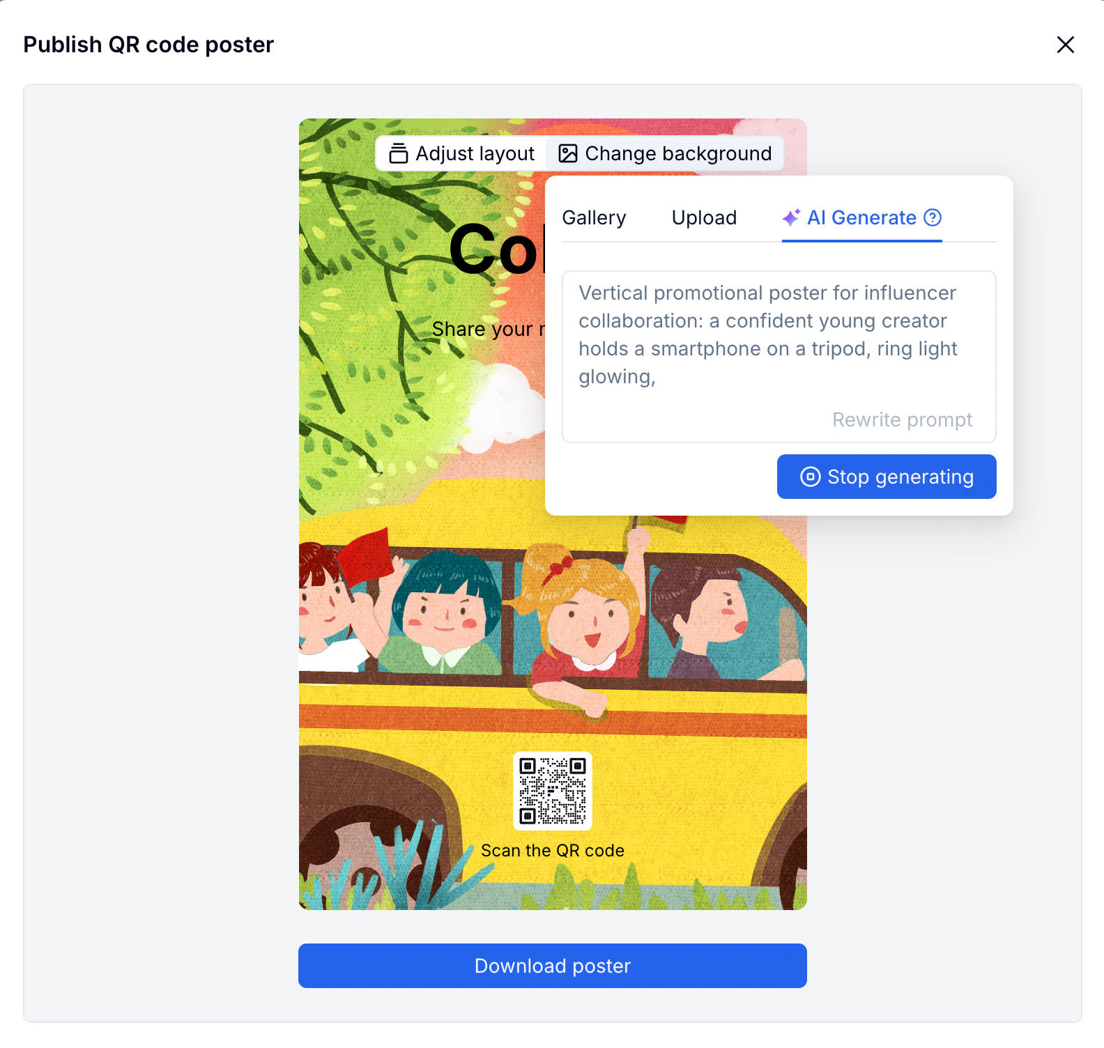 QR Code Poster editor with AI-generated background