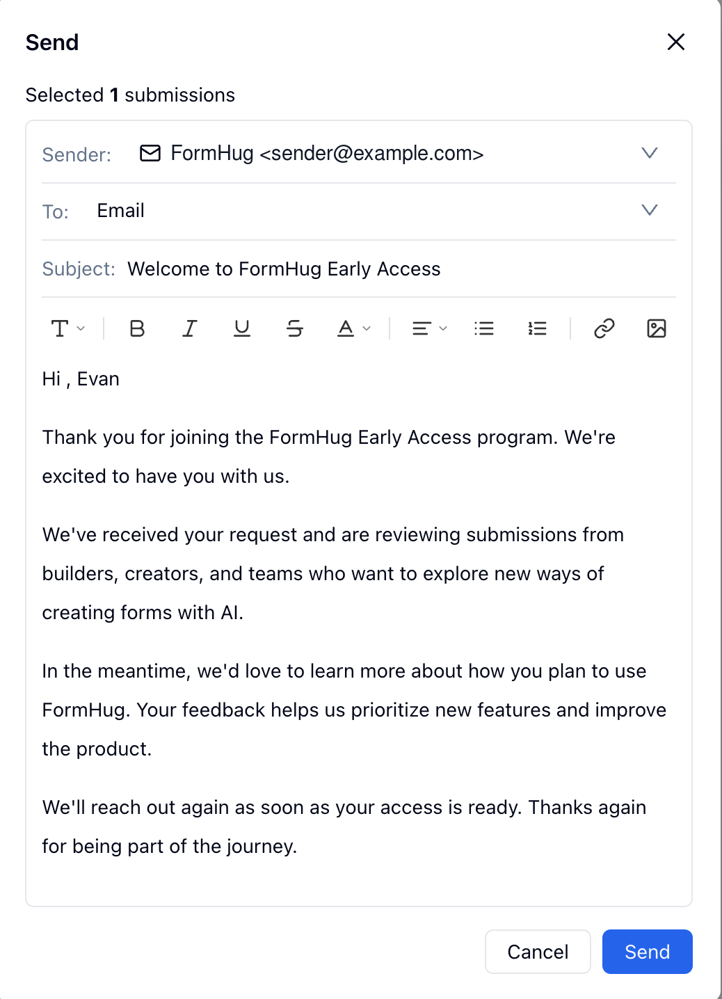 FormHug send email dialog using an SMTP sender