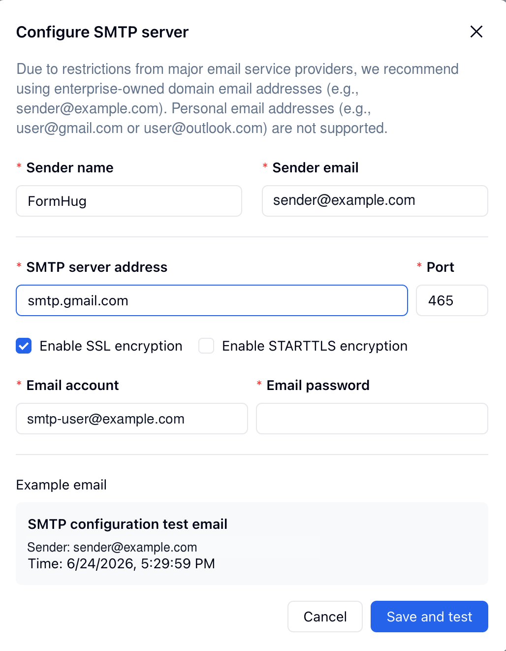 FormHug Configure SMTP server dialog with sender, SMTP server, port, SSL, account, and password fields