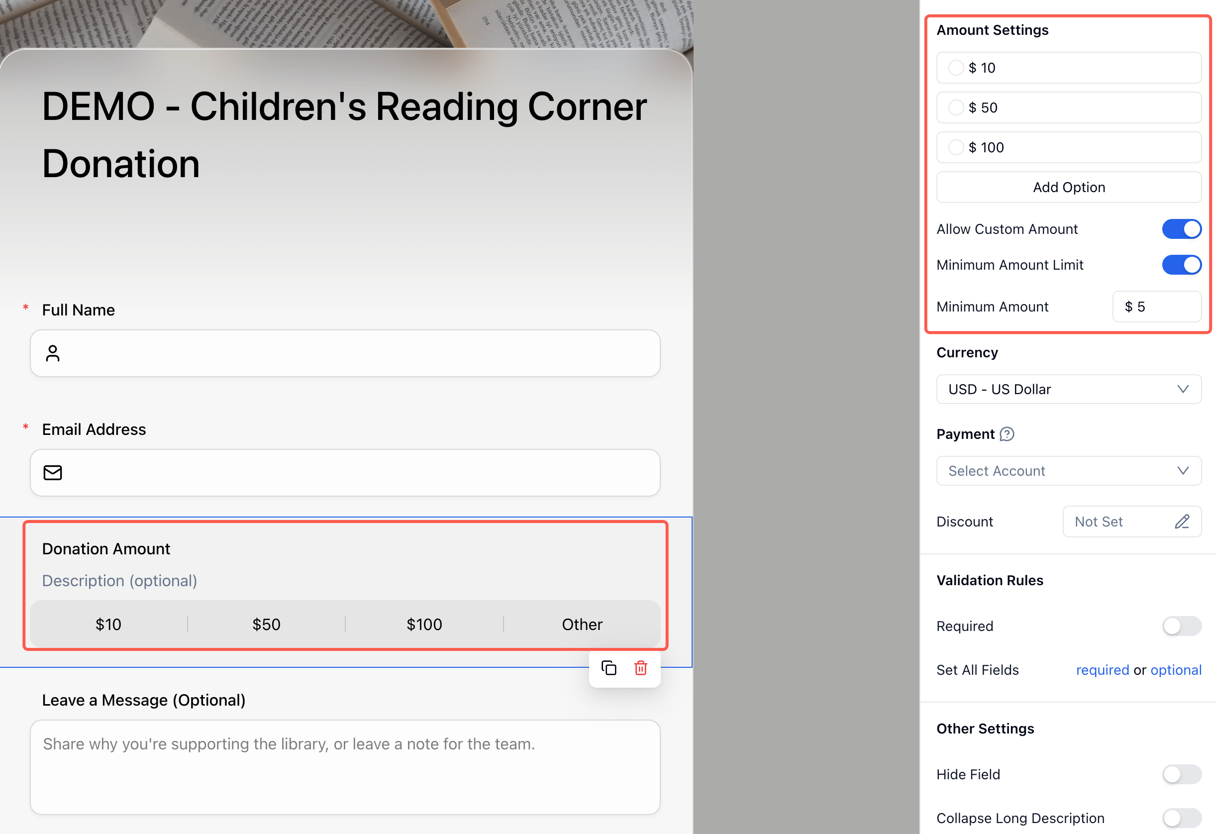 Price-Only field settings showing amount options, custom amount, minimum amount, currency, payment account, discount, and validation rules