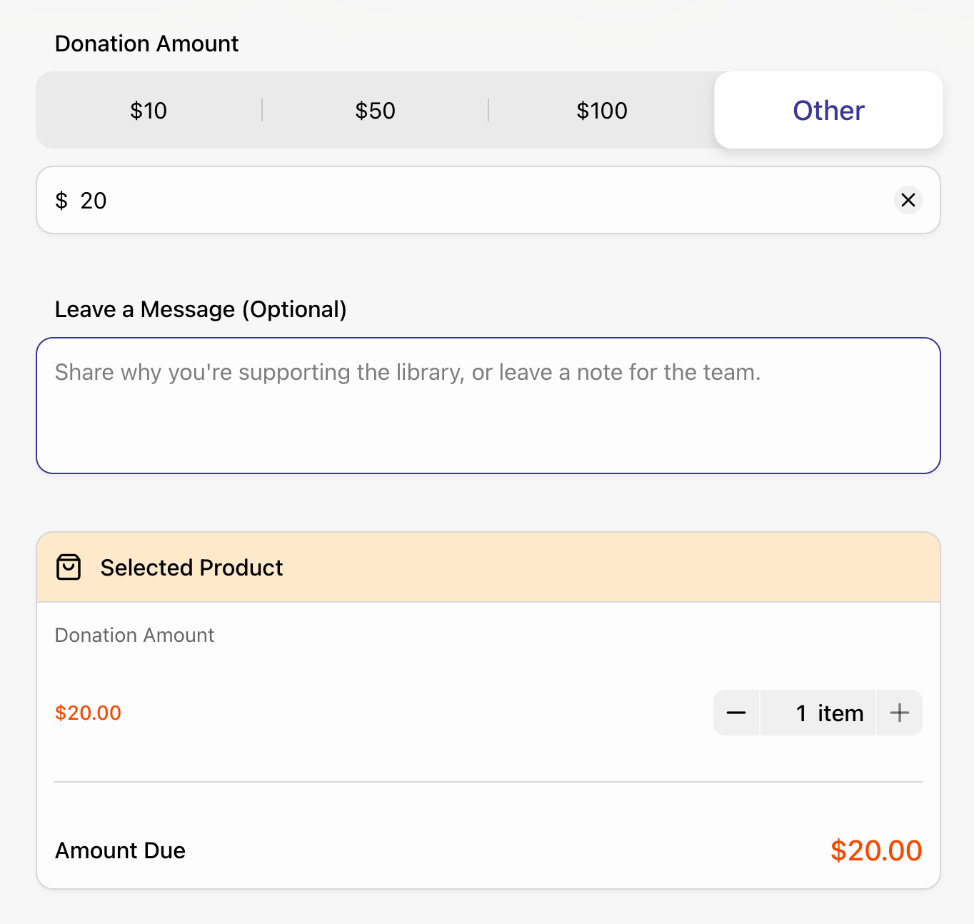 Donation form using a Price-Only field with fixed amounts, custom amount, message, selected product, and amount due