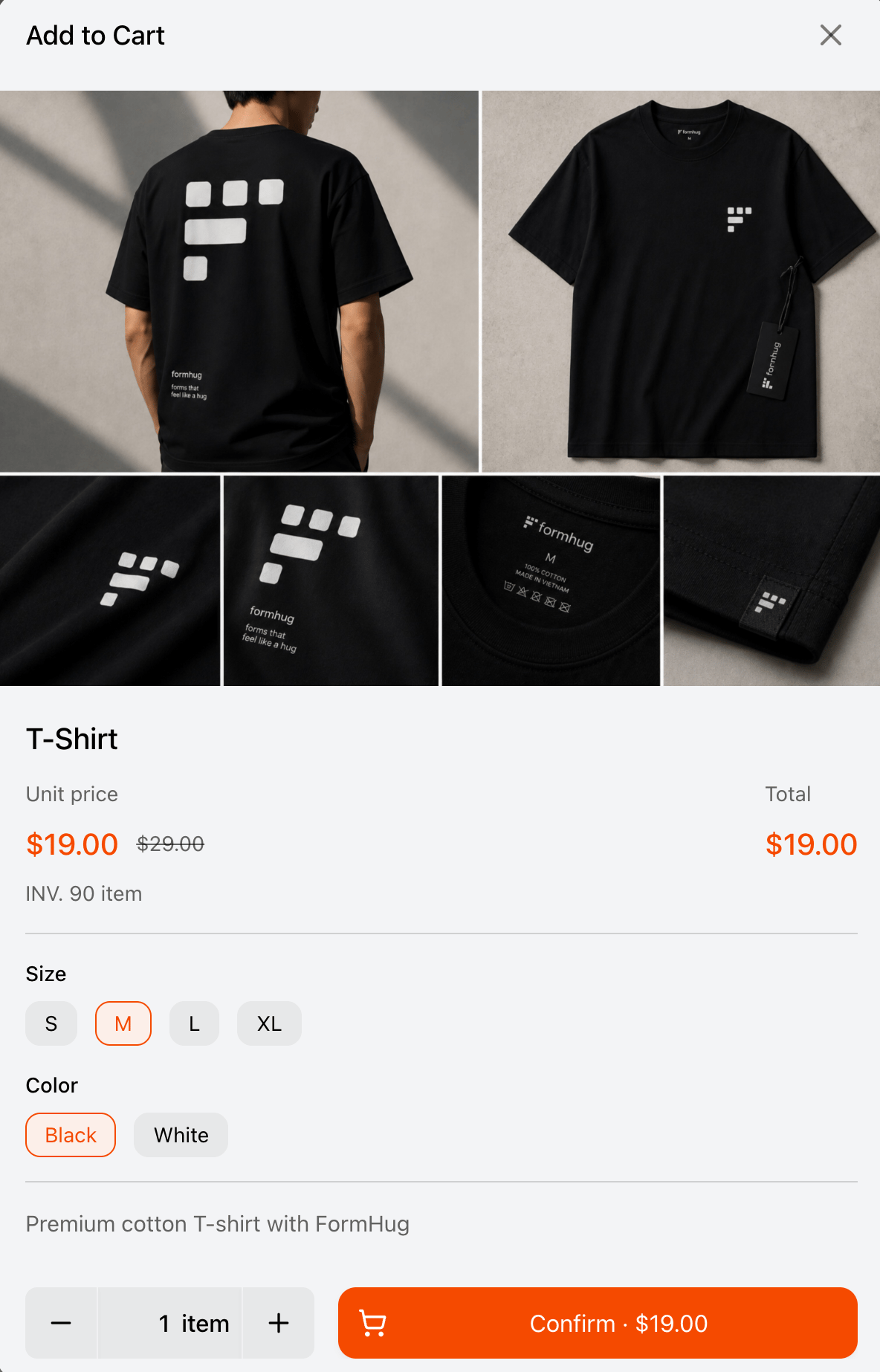 Product add-to-cart modal showing images, size and color variants, unit price, total, quantity, and confirm action