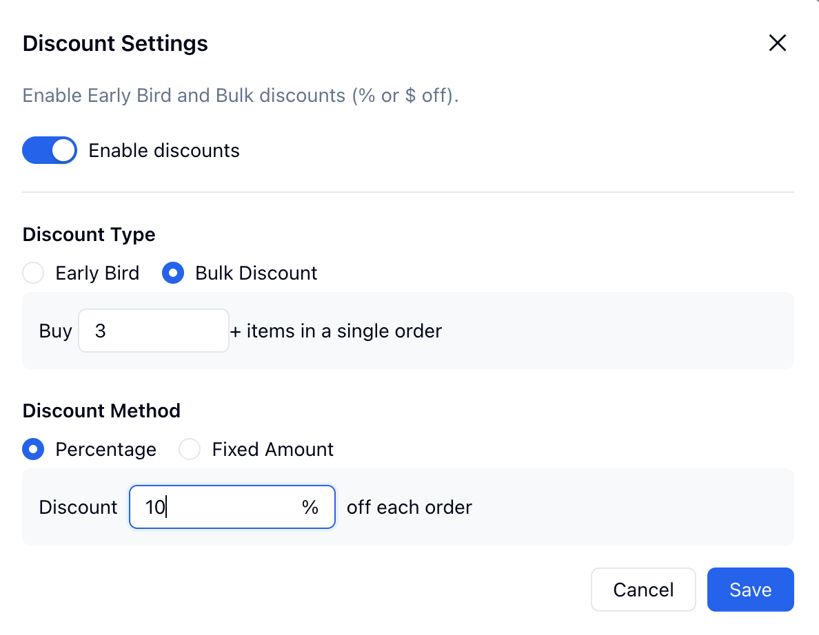 Discount settings showing bulk discount and percentage discount configuration