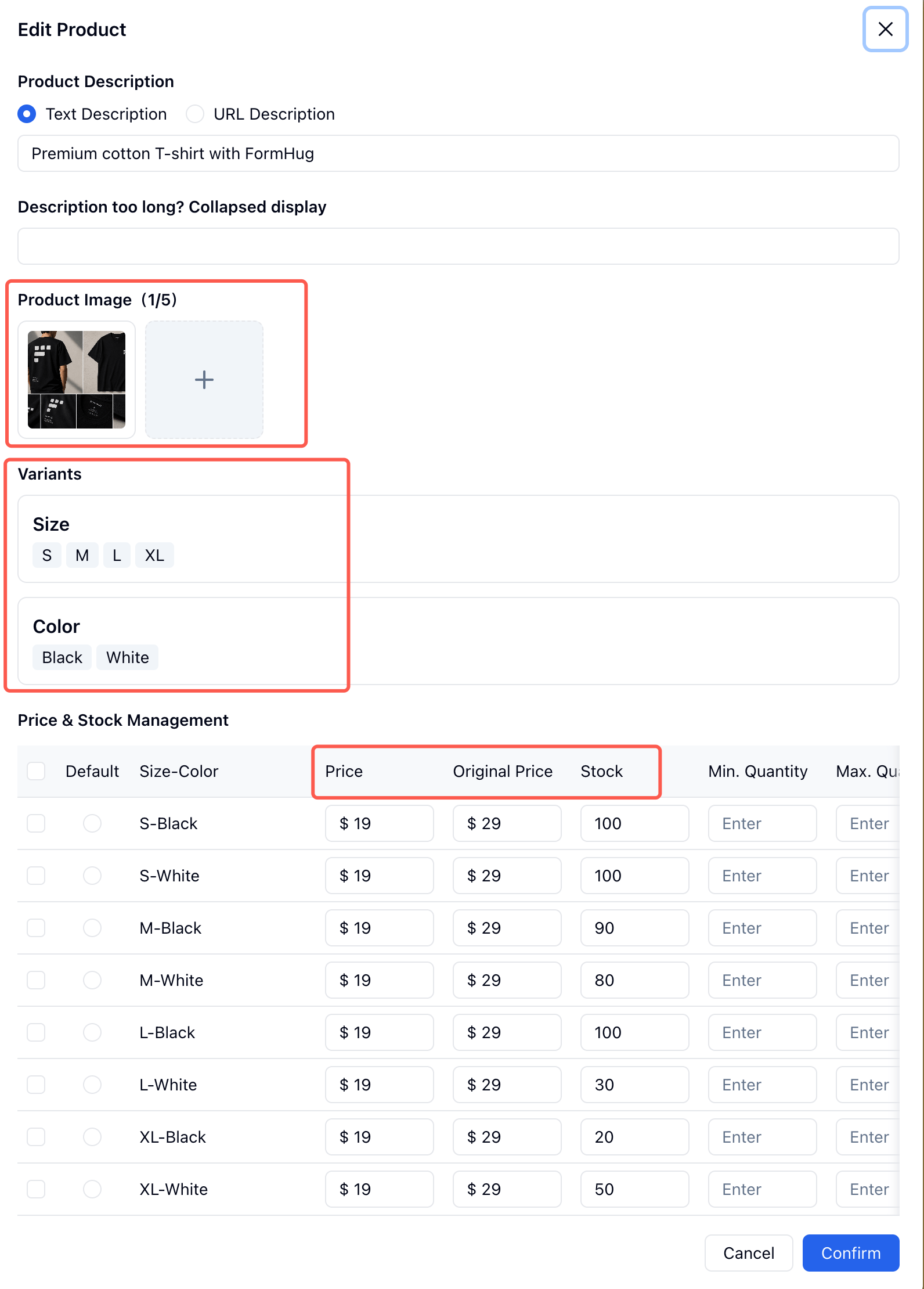 Product settings for a T-shirt with images, size and color variants, and price and stock rows