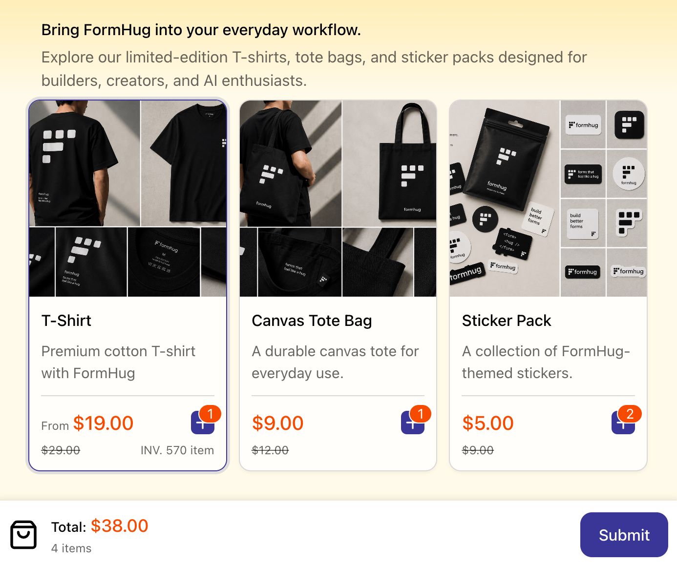 Merchandise order form showing T-shirt, canvas tote bag, and sticker pack product cards