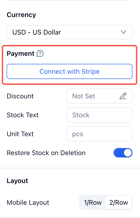 Payment field settings showing Currency and a Connect with Stripe button