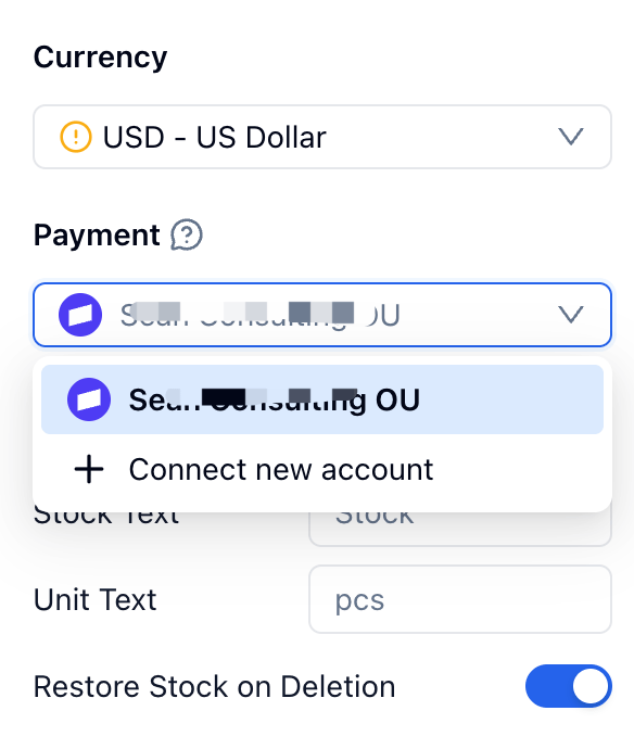 Payment field settings showing a connected Stripe account selected and a Connect new account option