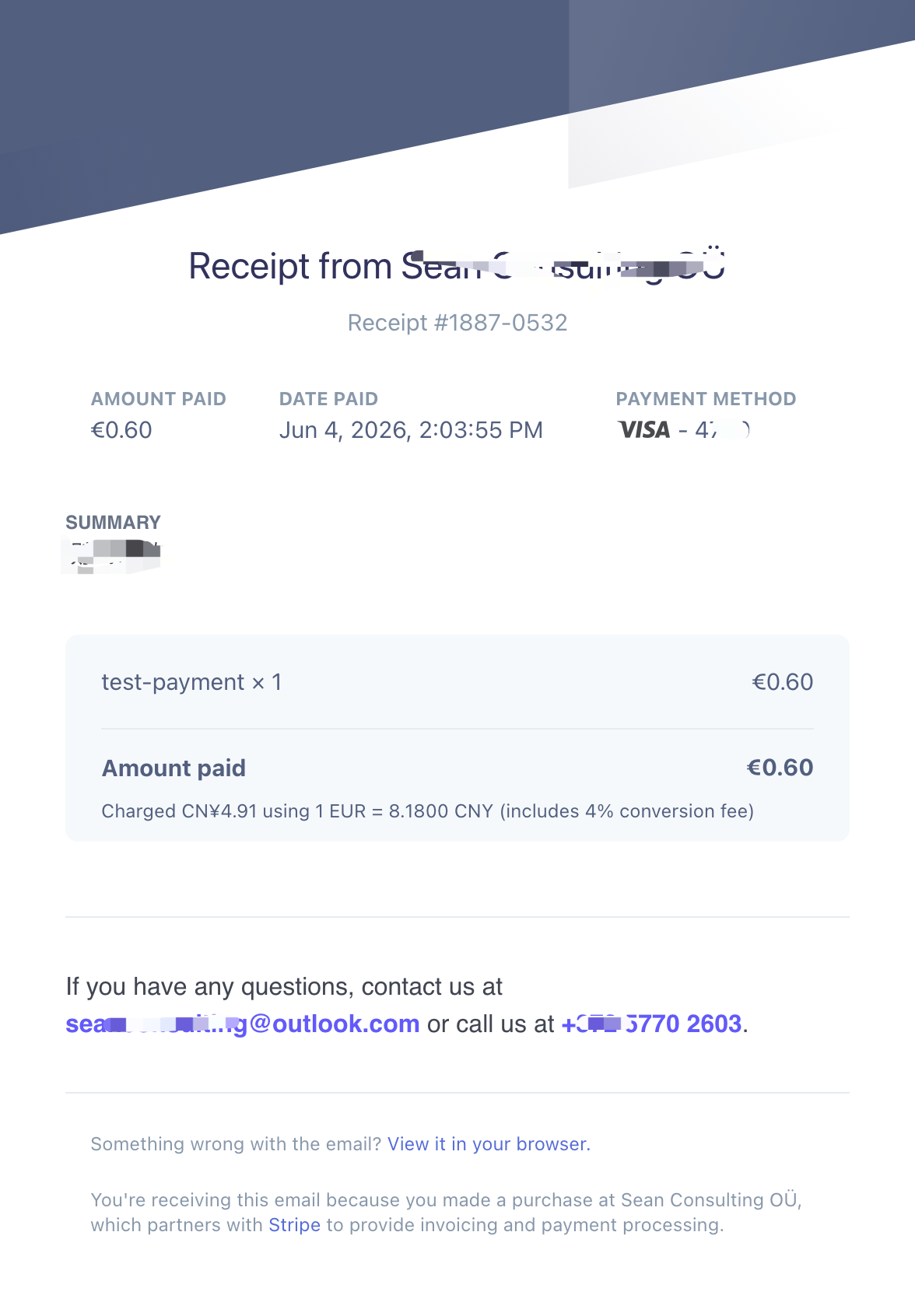 Stripe receipt email showing amount paid, date paid, payment method, item summary, and receipt link