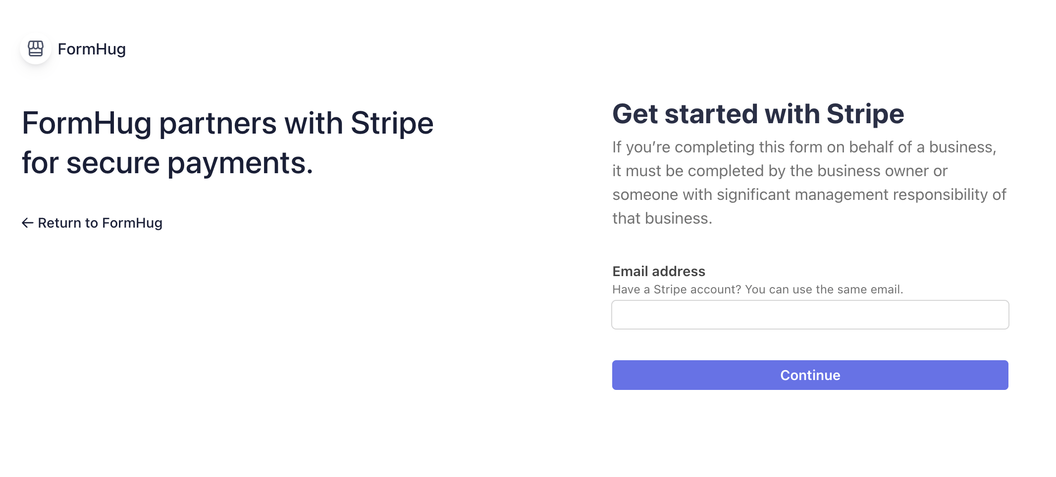Stripe onboarding page showing FormHug partners with Stripe for secure payments and an email address field
