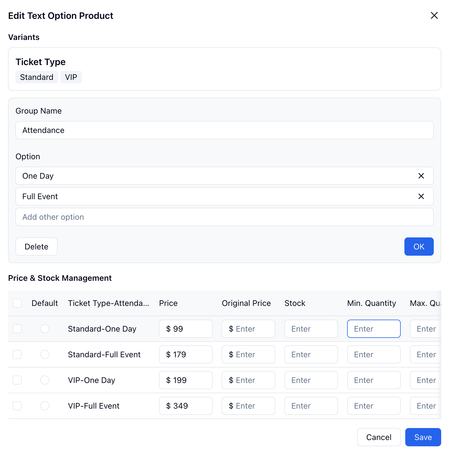 Text Option settings showing ticket type and attendance groups with combination prices and stock settings