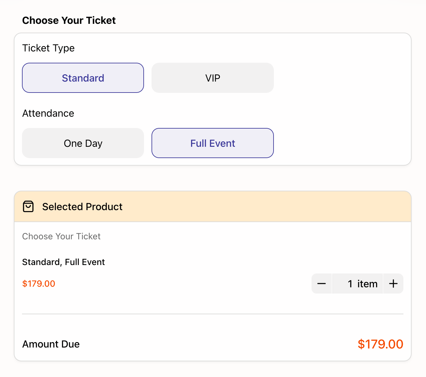 Ticket booking form using Text Option groups for ticket type and attendance