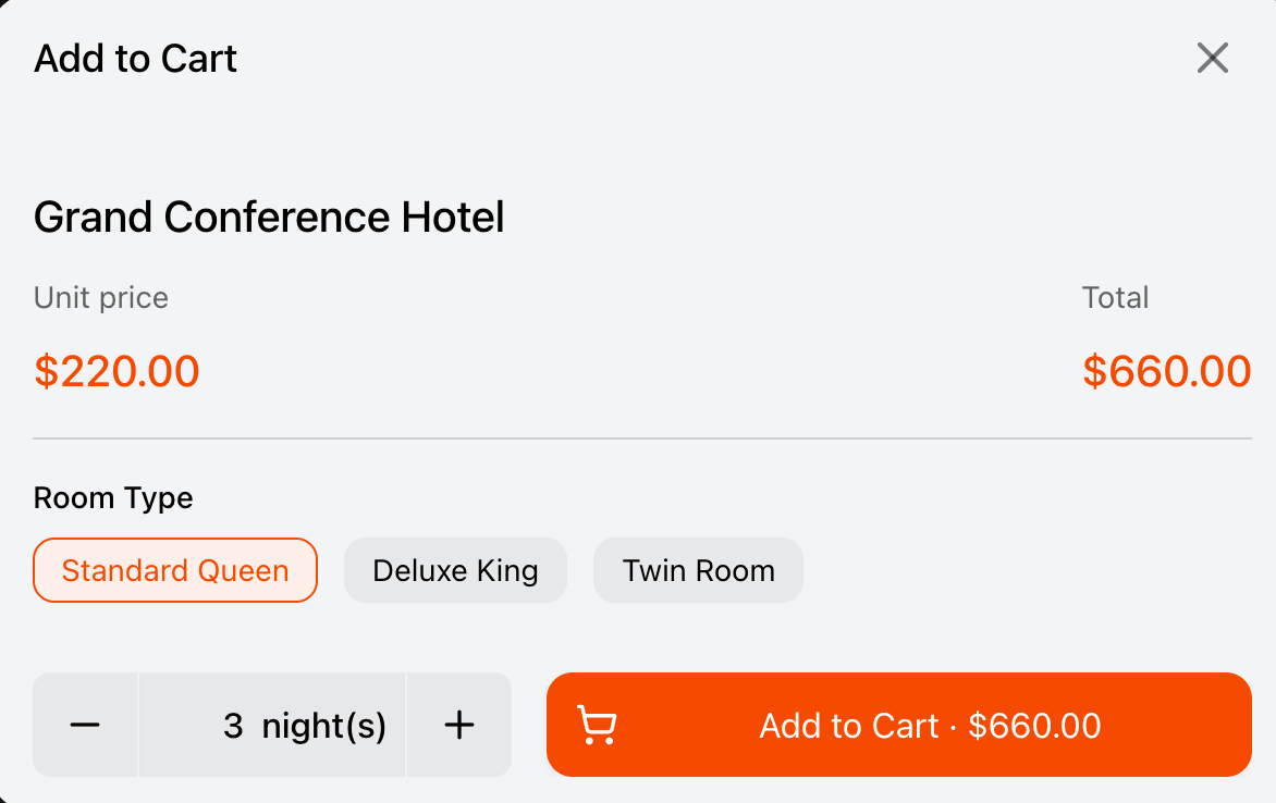 Text Product add-to-cart modal showing Grand Conference Hotel room type variants and three nights selected