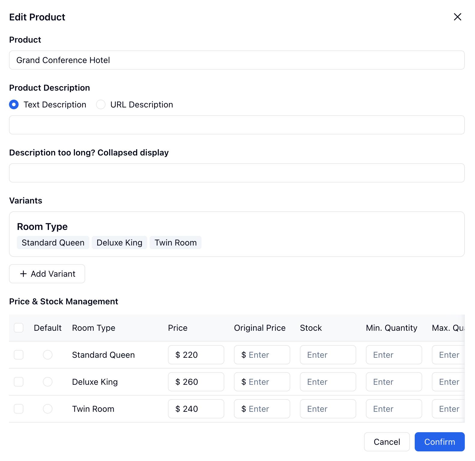 Text Product edit dialog showing text description, URL description, collapsed display, room type variants, and price and stock management