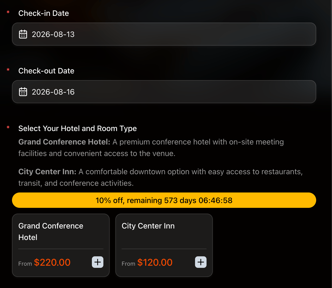 Conference hotel booking form using Text Product cards for Grand Conference Hotel and City Center Inn
