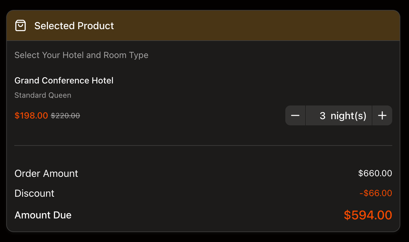 Selected Product summary for hotel booking showing room type, nights, original price, discount, and amount due