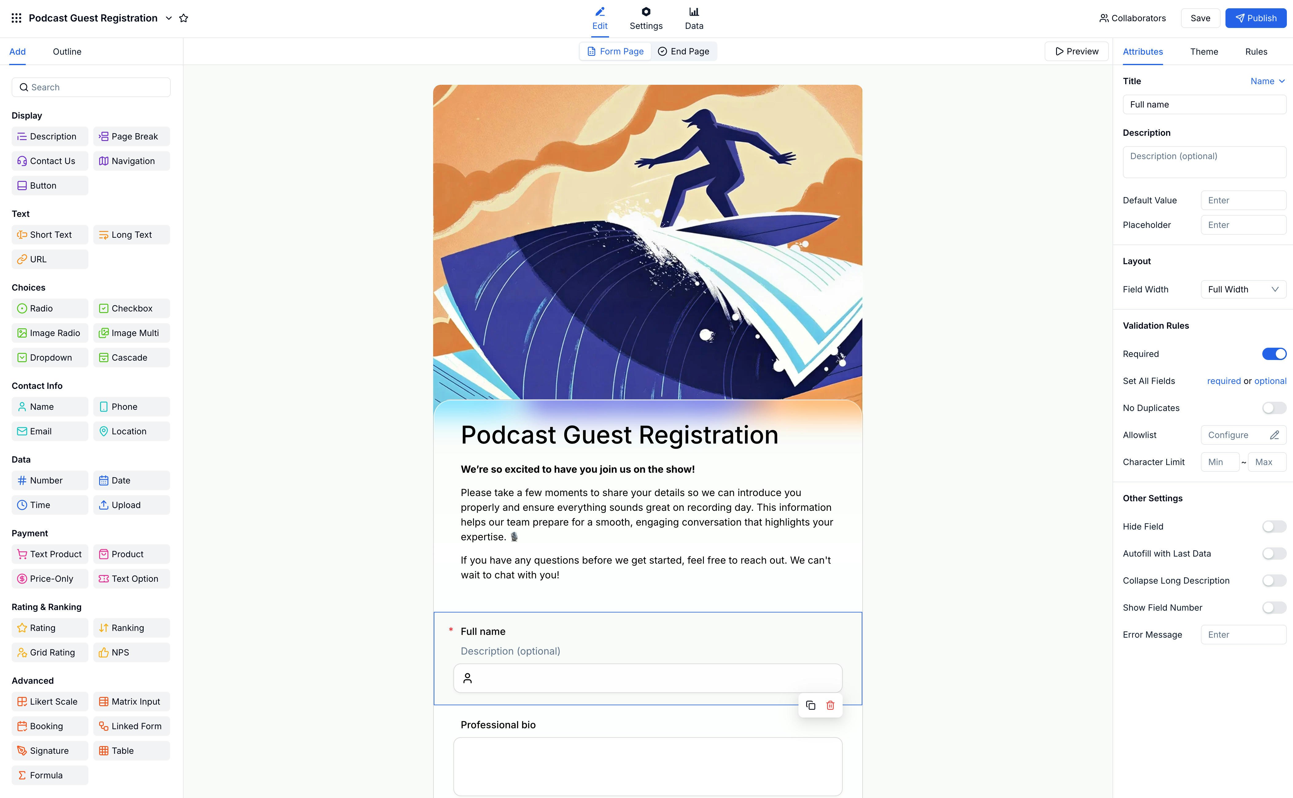 FormHug classic form builder with 3-panel layout