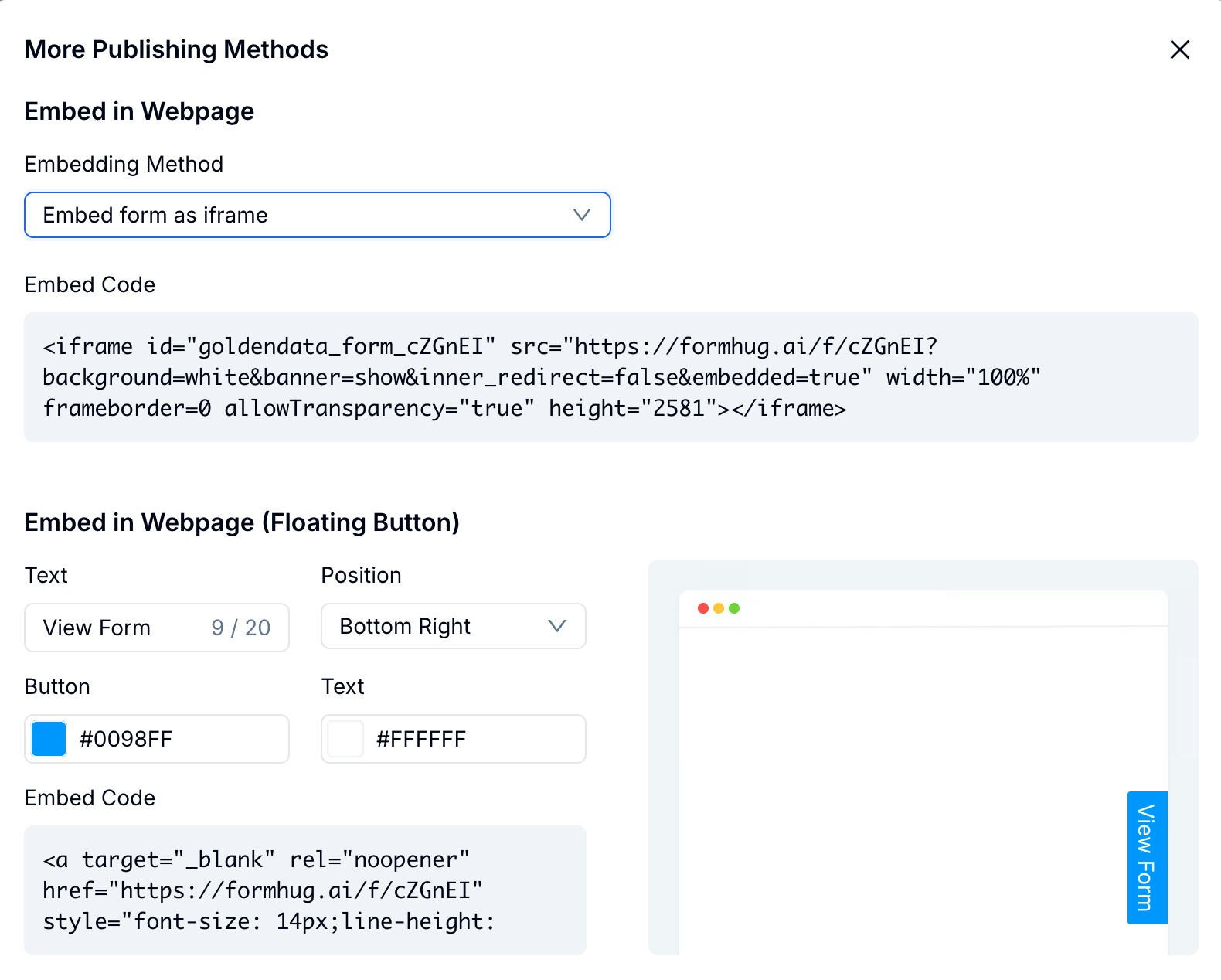 FormHug embed options: inline iframe and floating button with position and color controls