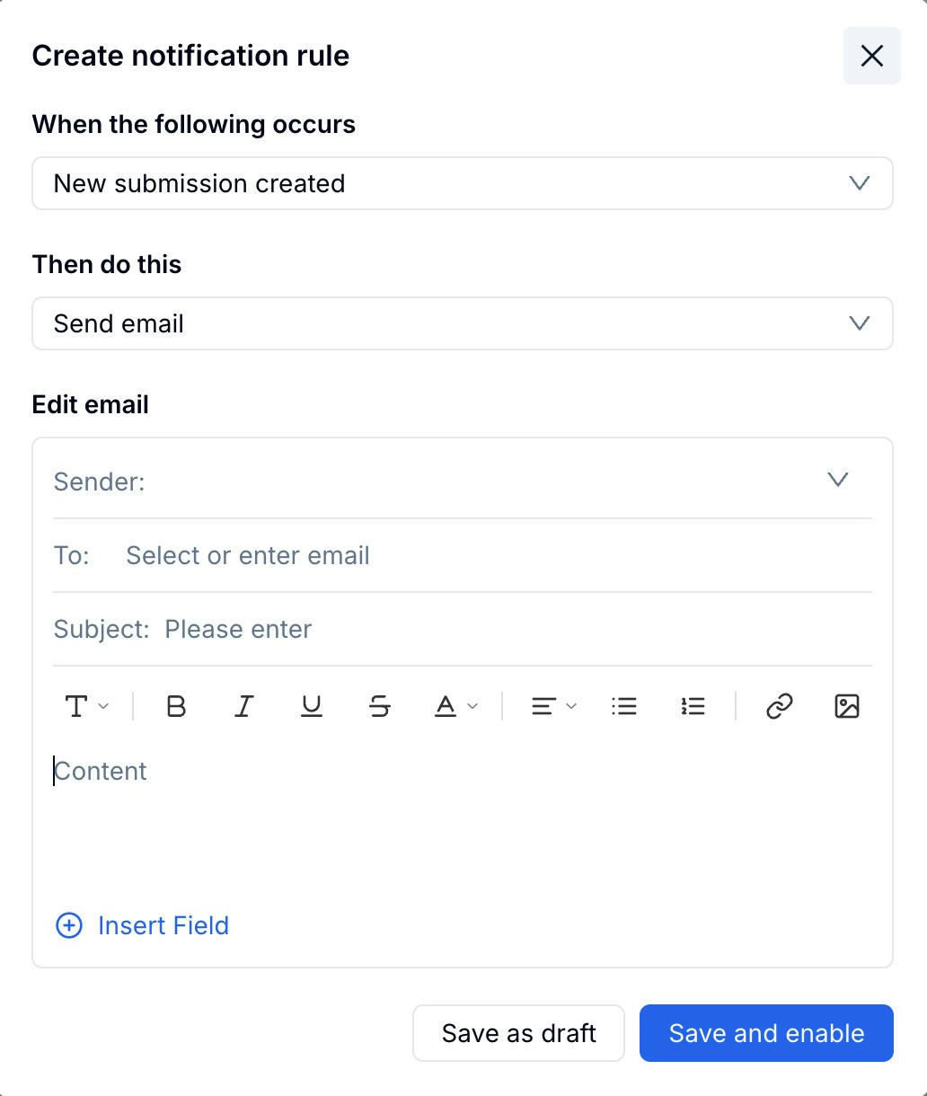 Create notification modal showing trigger, delivery method, and email editor