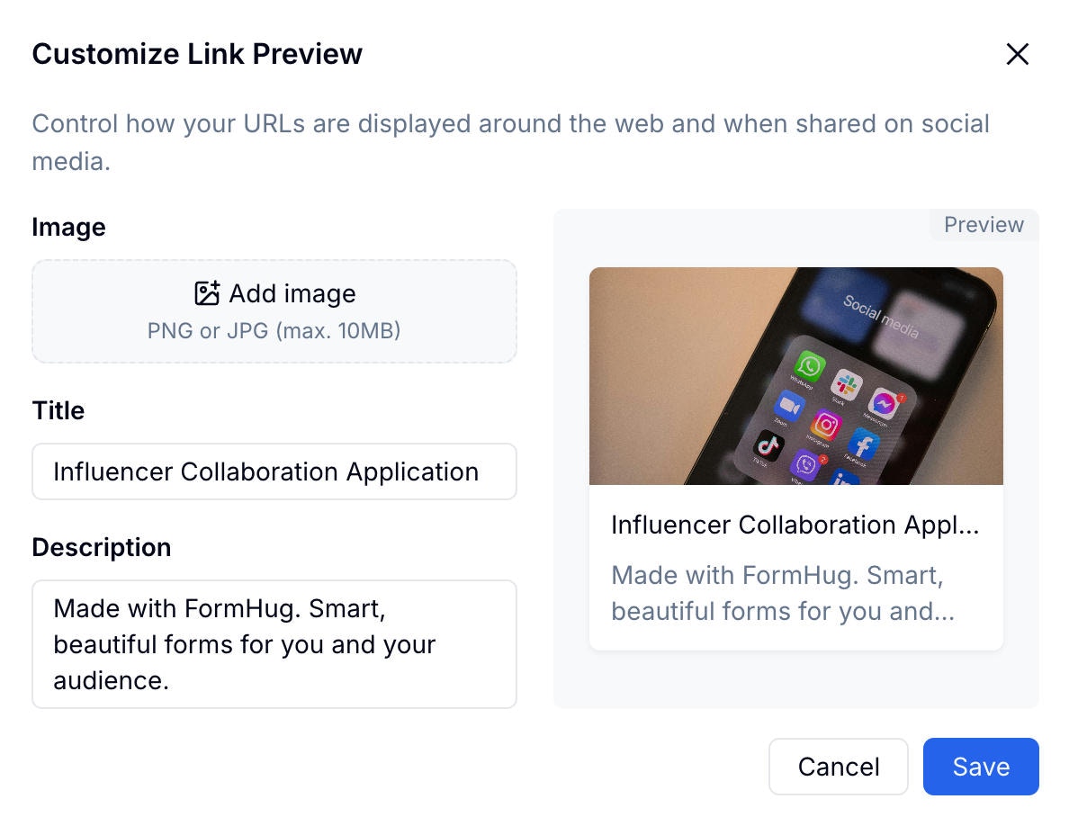 Customize Link Preview modal showing image, title, and description fields with a preview pane