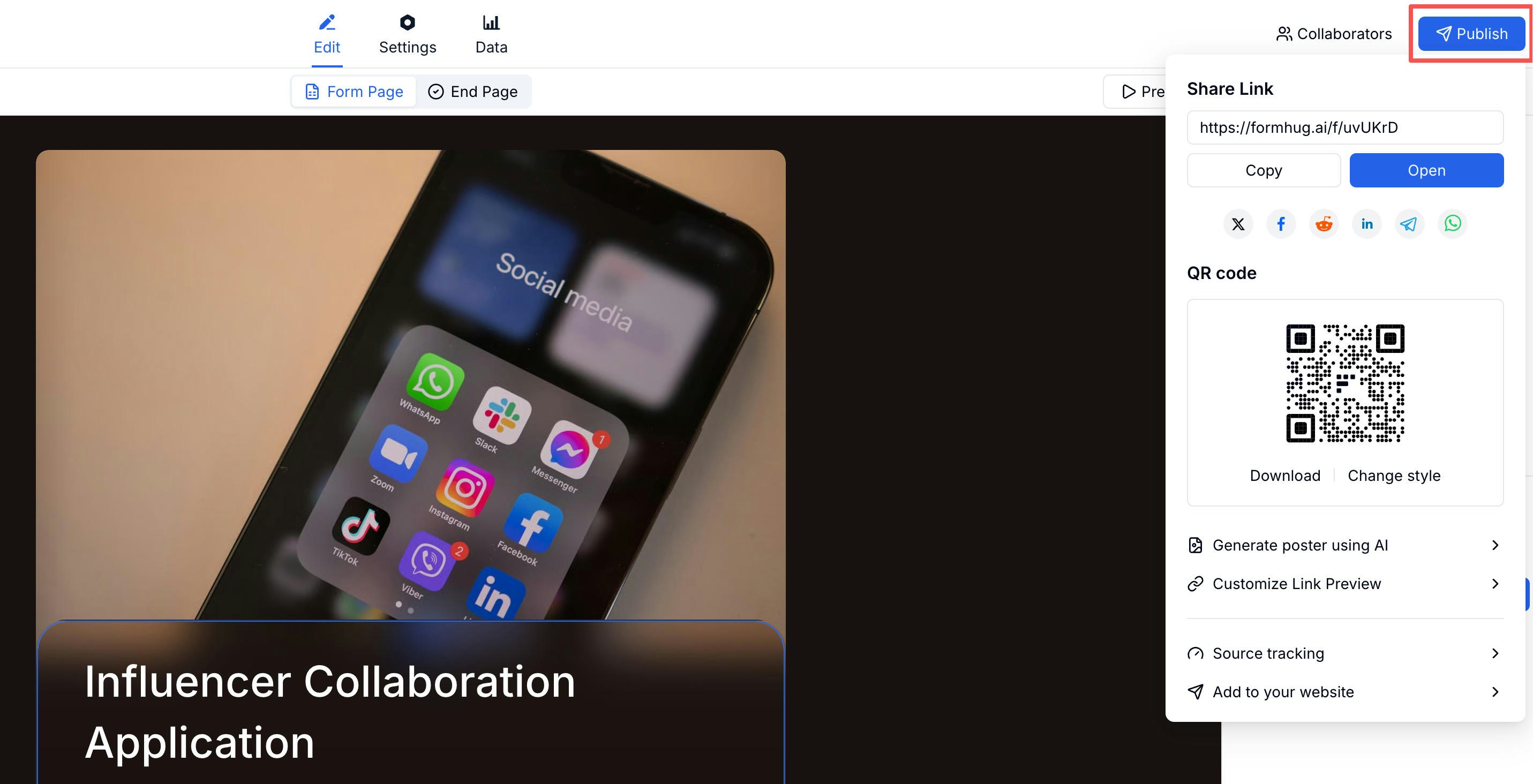 FormHug share panel with link, QR code, social icons, AI poster, and more