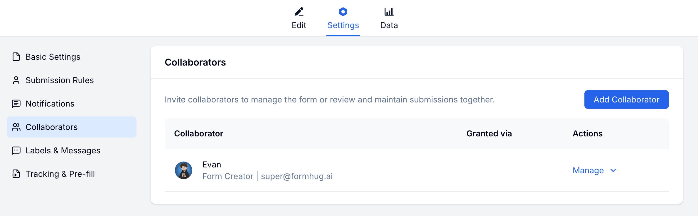 FormHug collaborators list showing the form creator