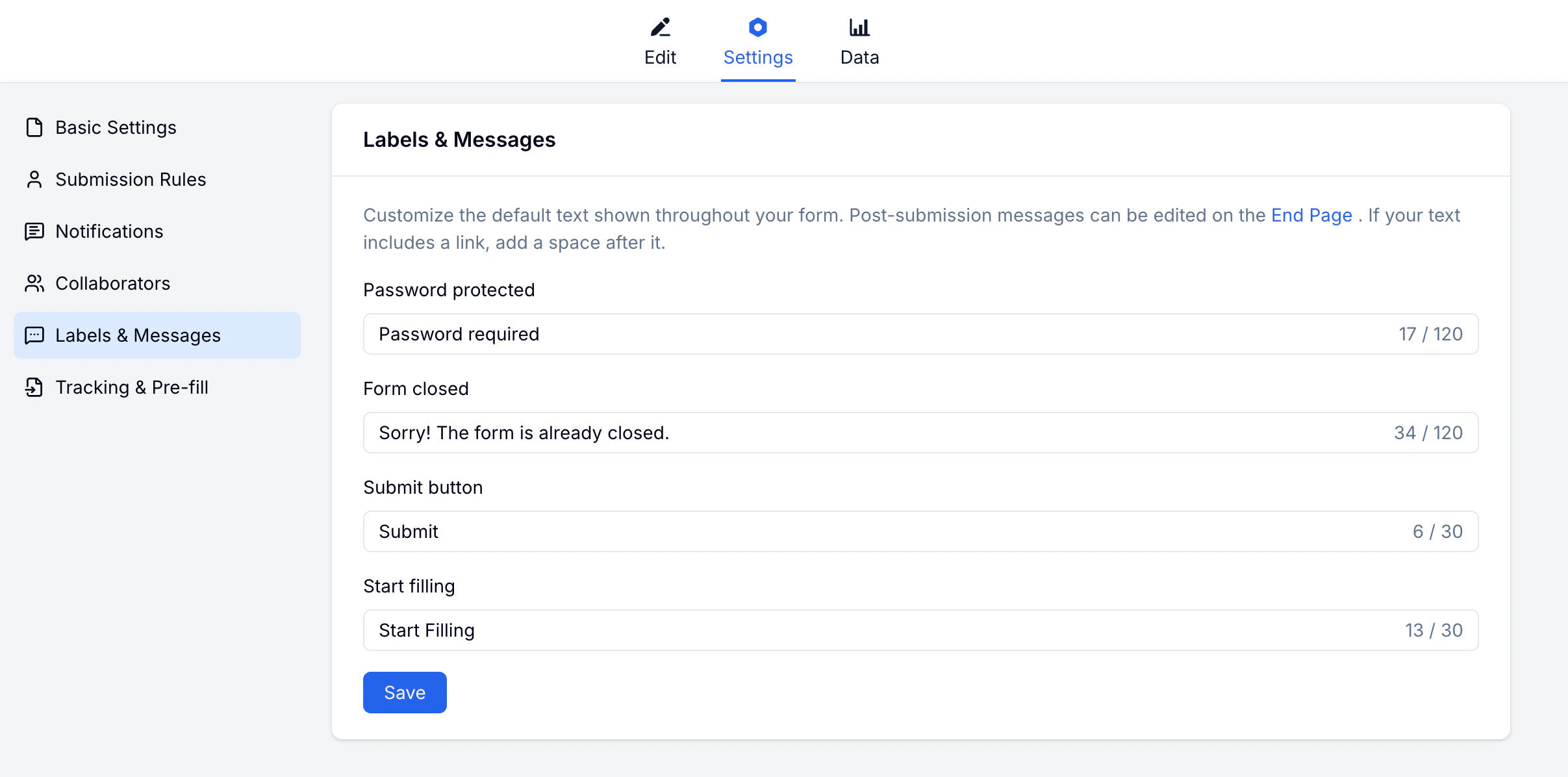 FormHug labels and messages settings