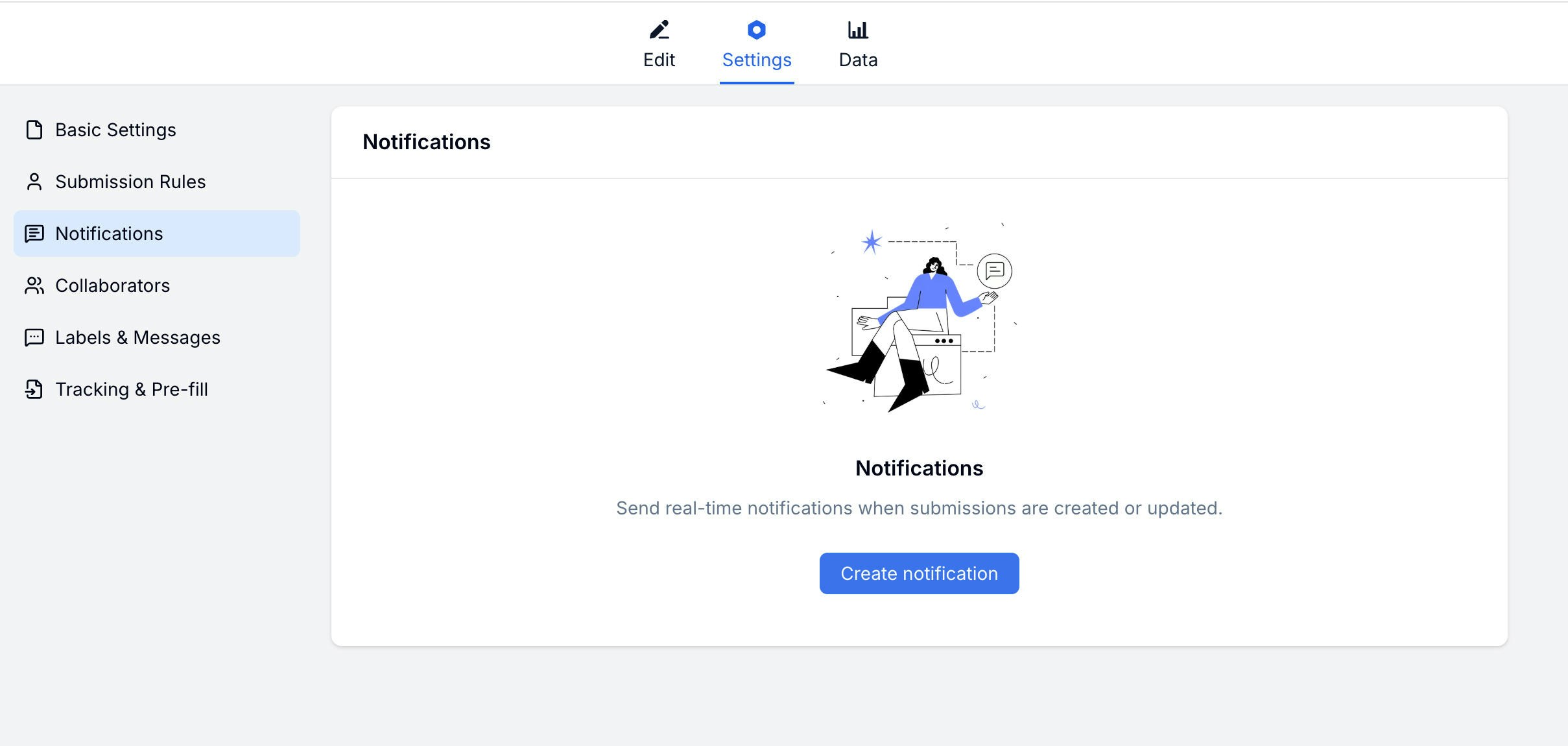 FormHug notifications settings — empty state with Create notification button