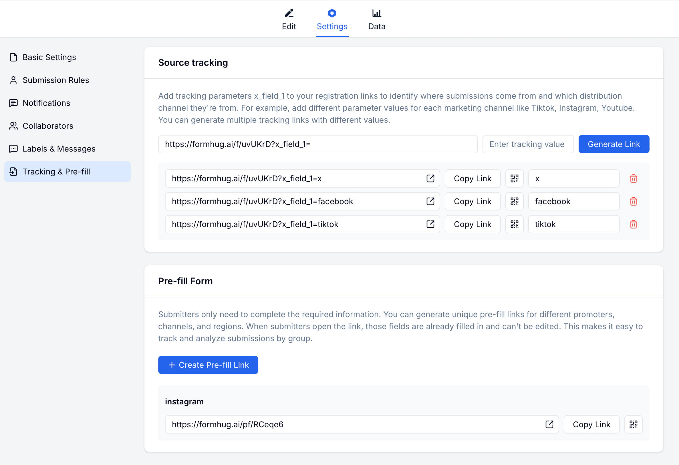 FormHug tracking links and pre-fill link settings