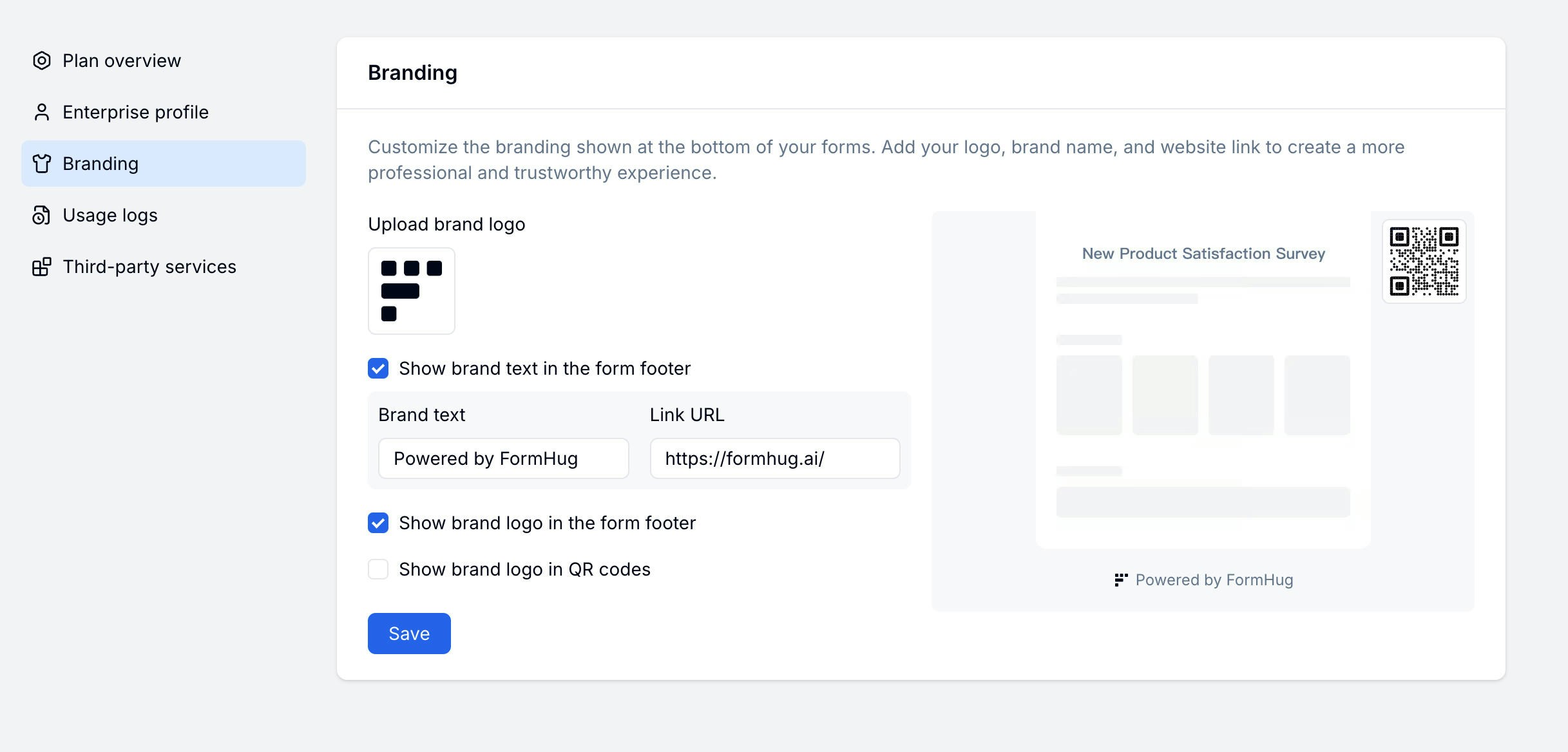 FormHug workspace branding settings
